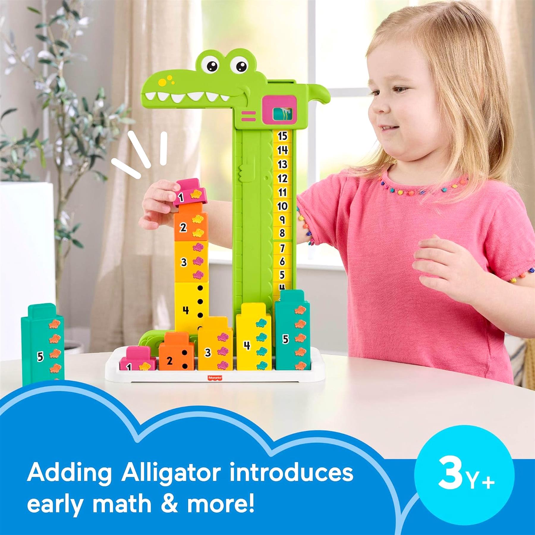 A young girl plays with a green alligator toy that features counting and math learning blocks.