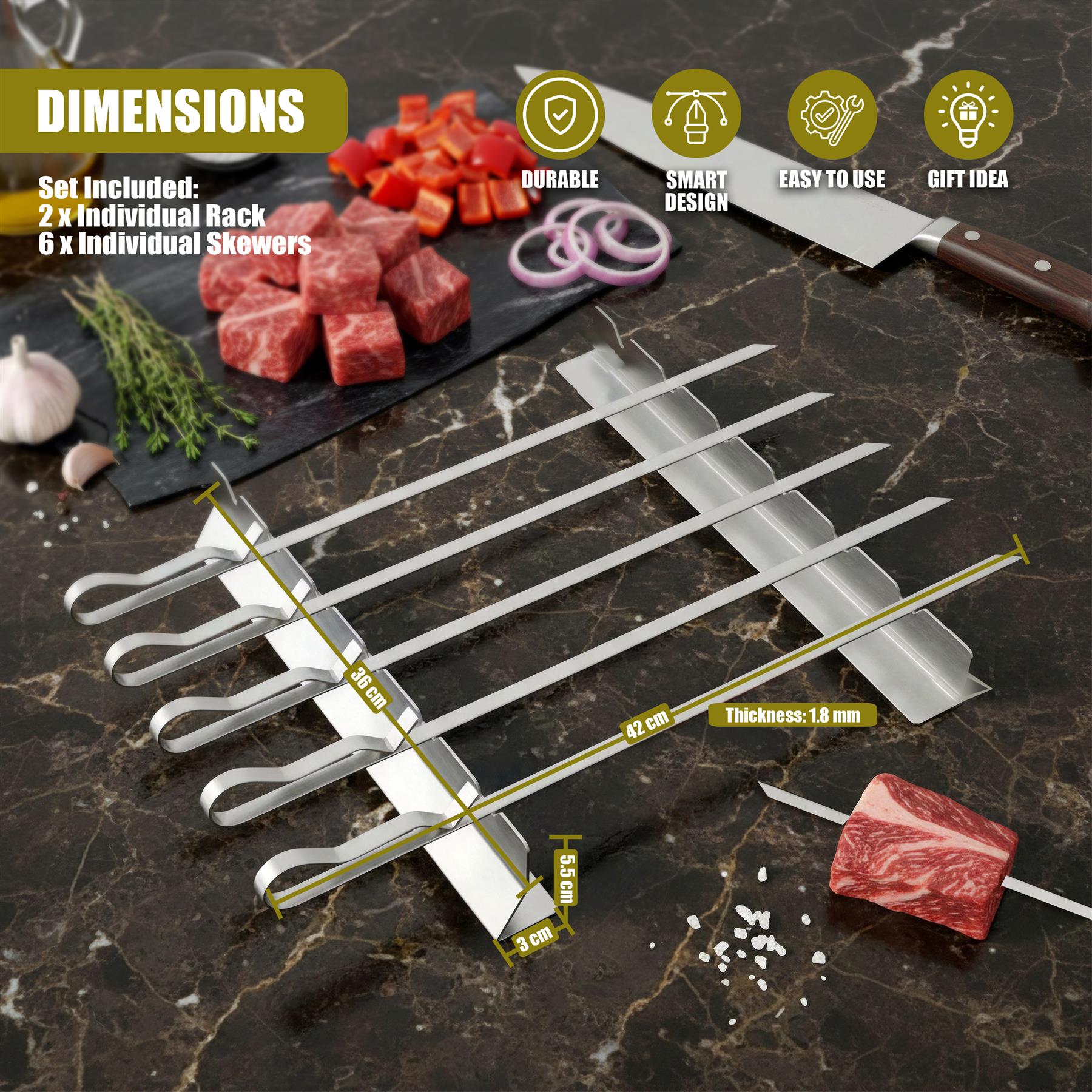 Stainless steel skewer rack set with included skewers and raw meat for scale.