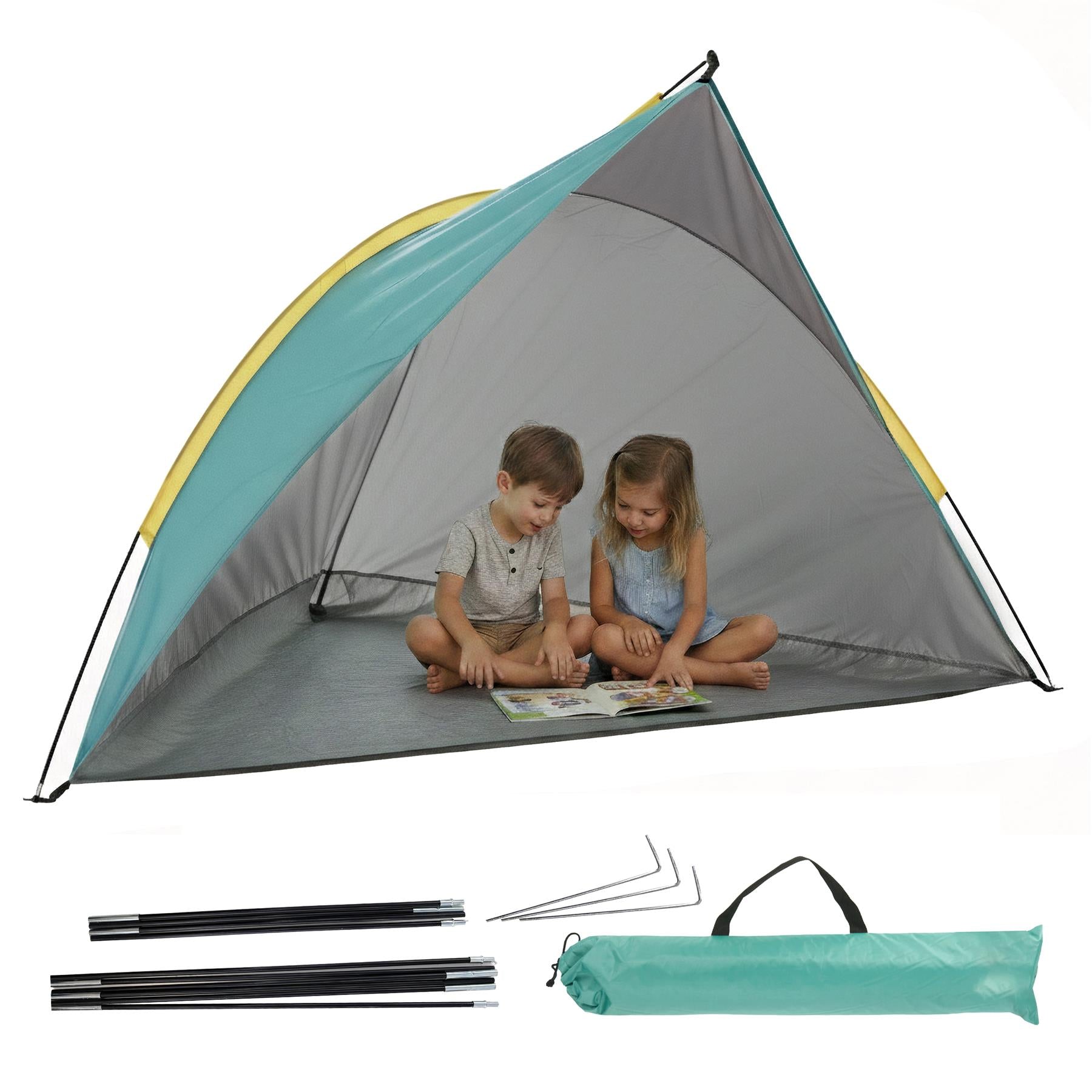 A gray and teal pop-up beach tent with two children and their reading materials inside.