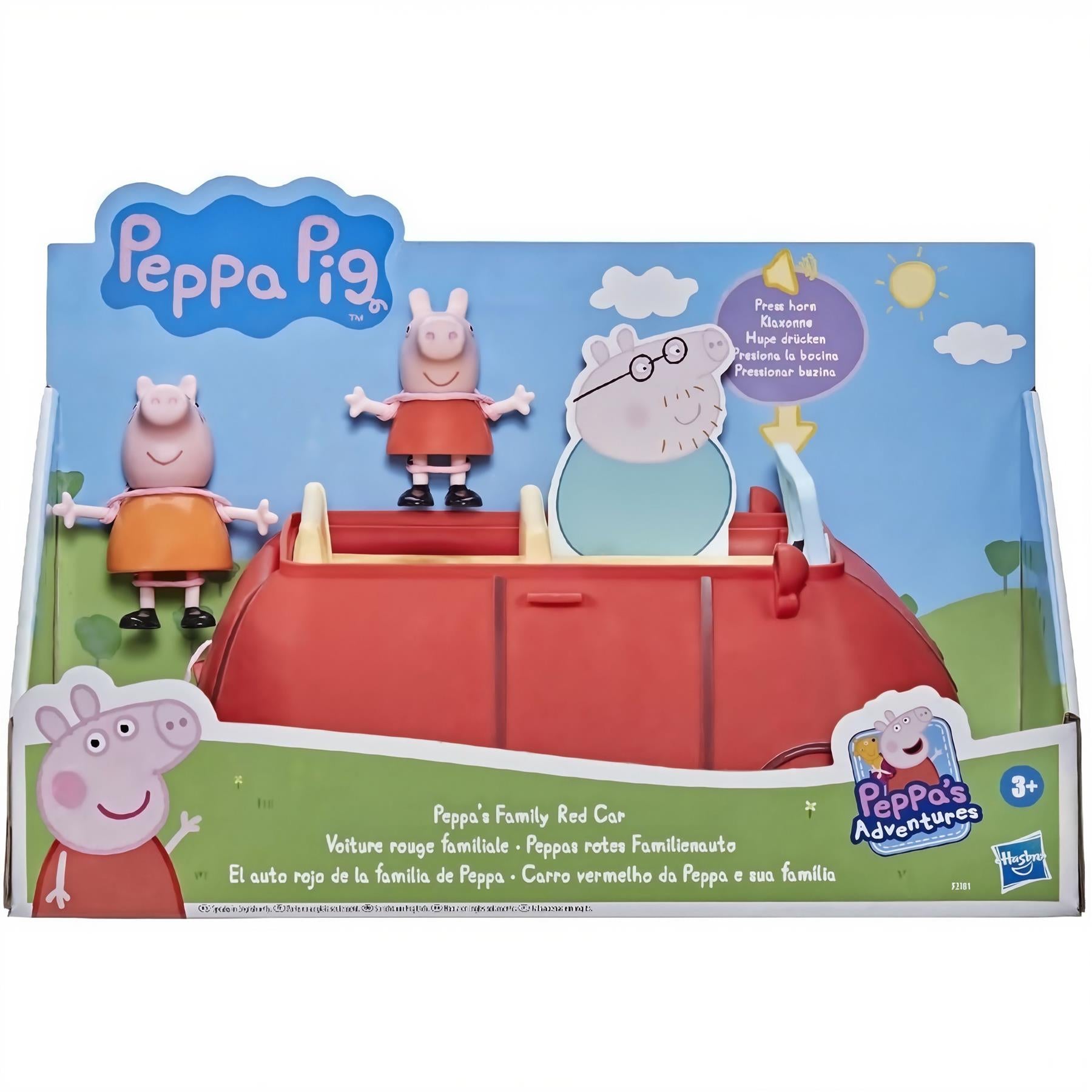 Toy set featuring a red family car and molded figures of Peppa Pig and her family.