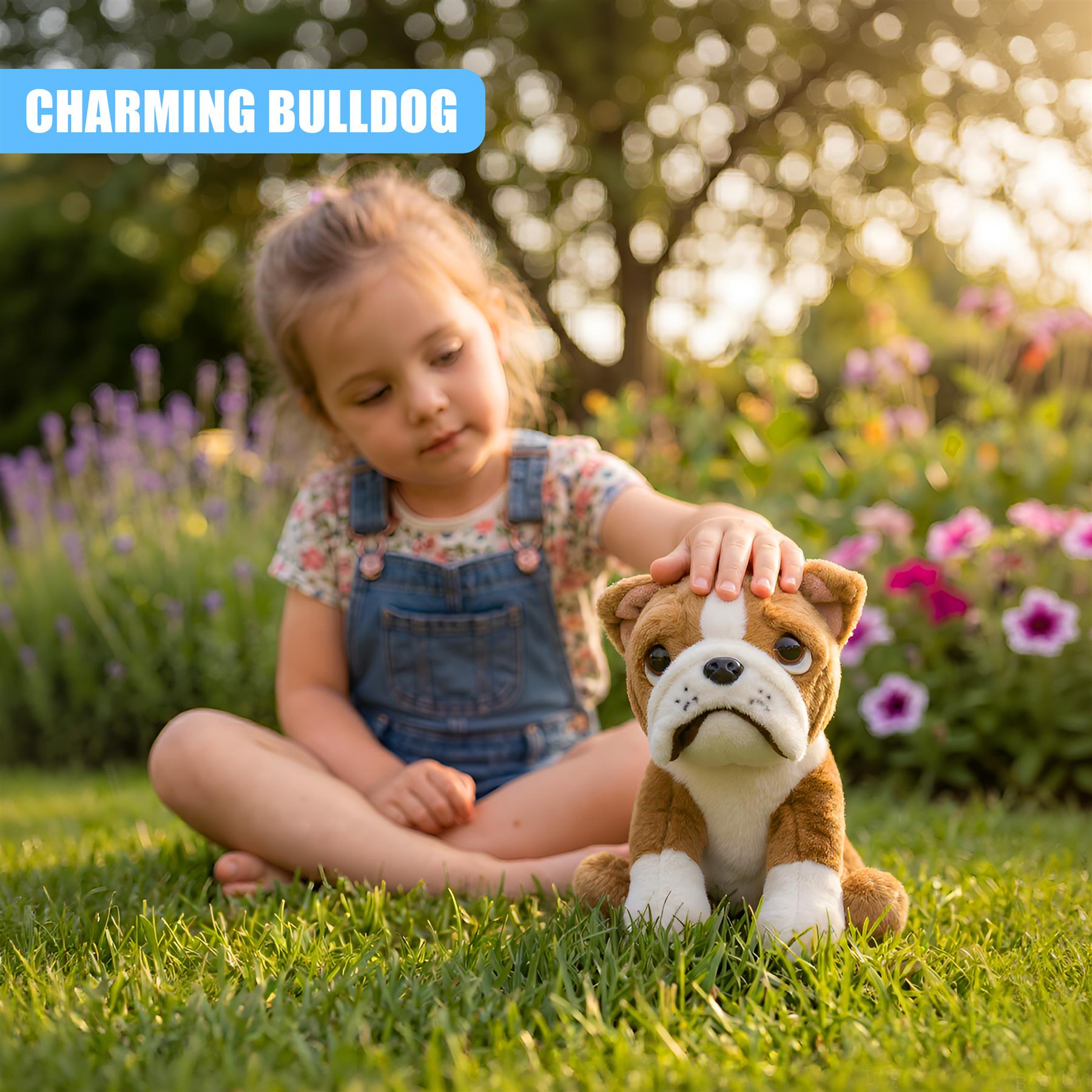 Plush British Bulldog soft toy resting on green grass in front of a young girl.