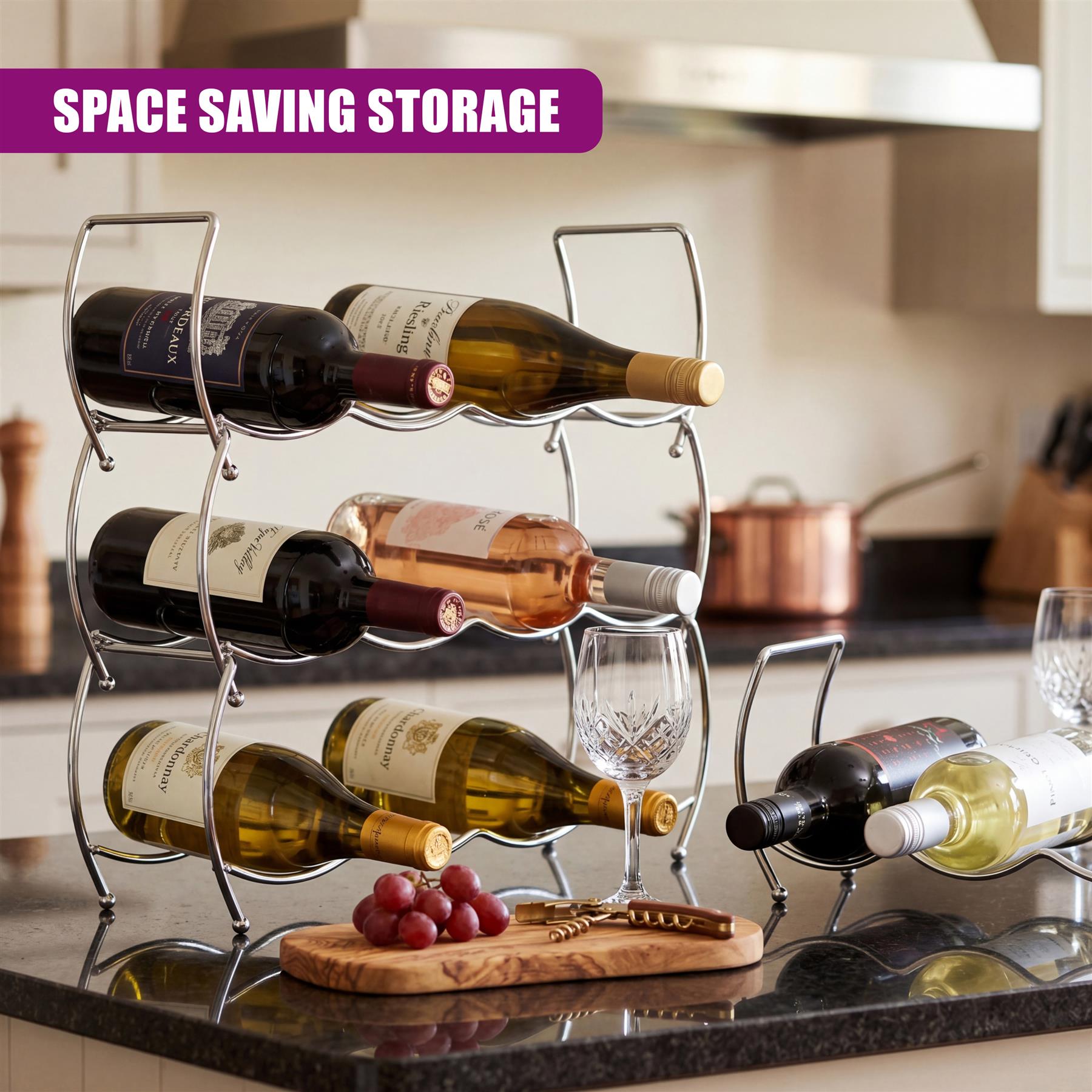 Three-tiered metal wine rack displayed with multiple bottles and wine accessories on a counter.
