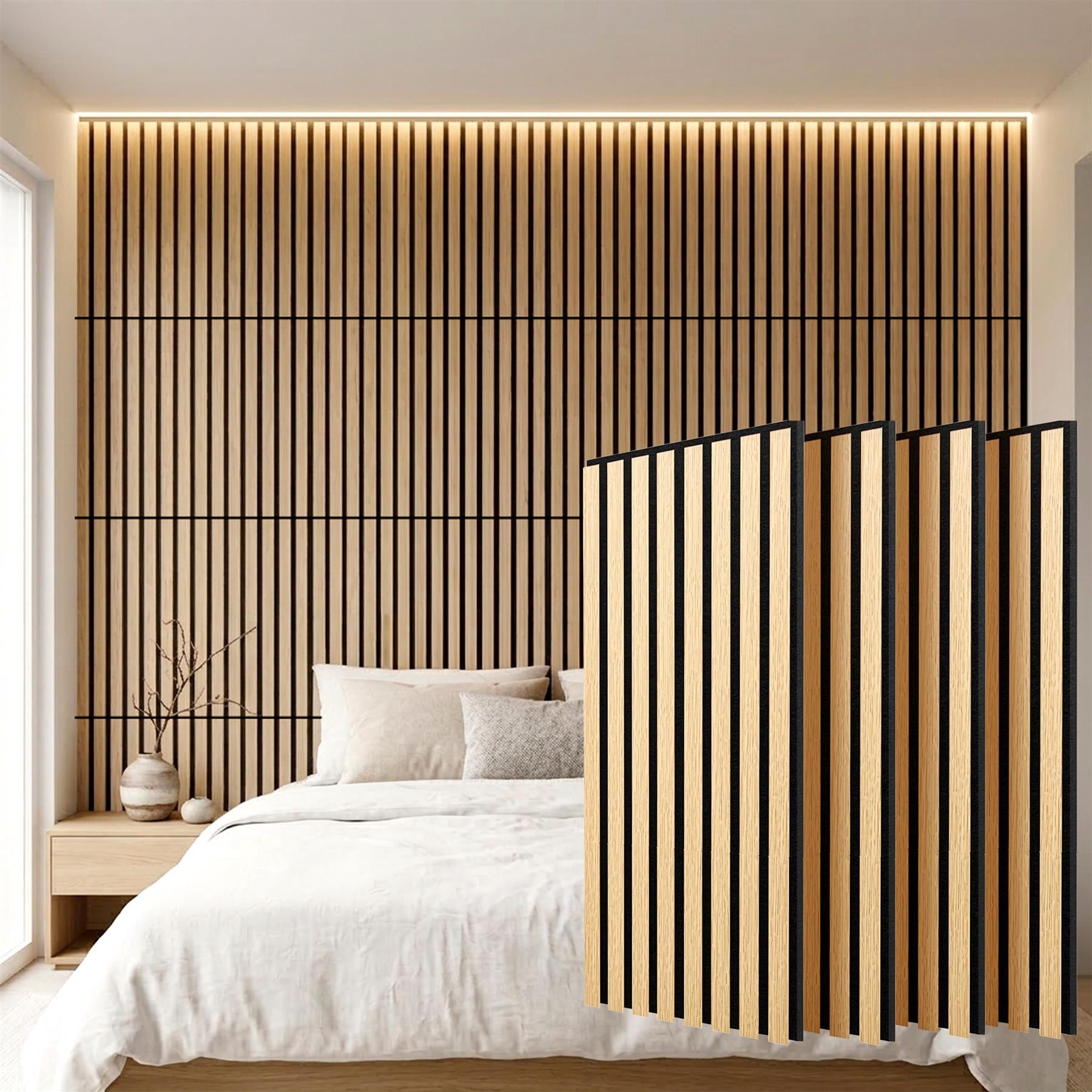 Decorative set of four wooden panels featuring varied slat widths and contrasting black vertical dividers.