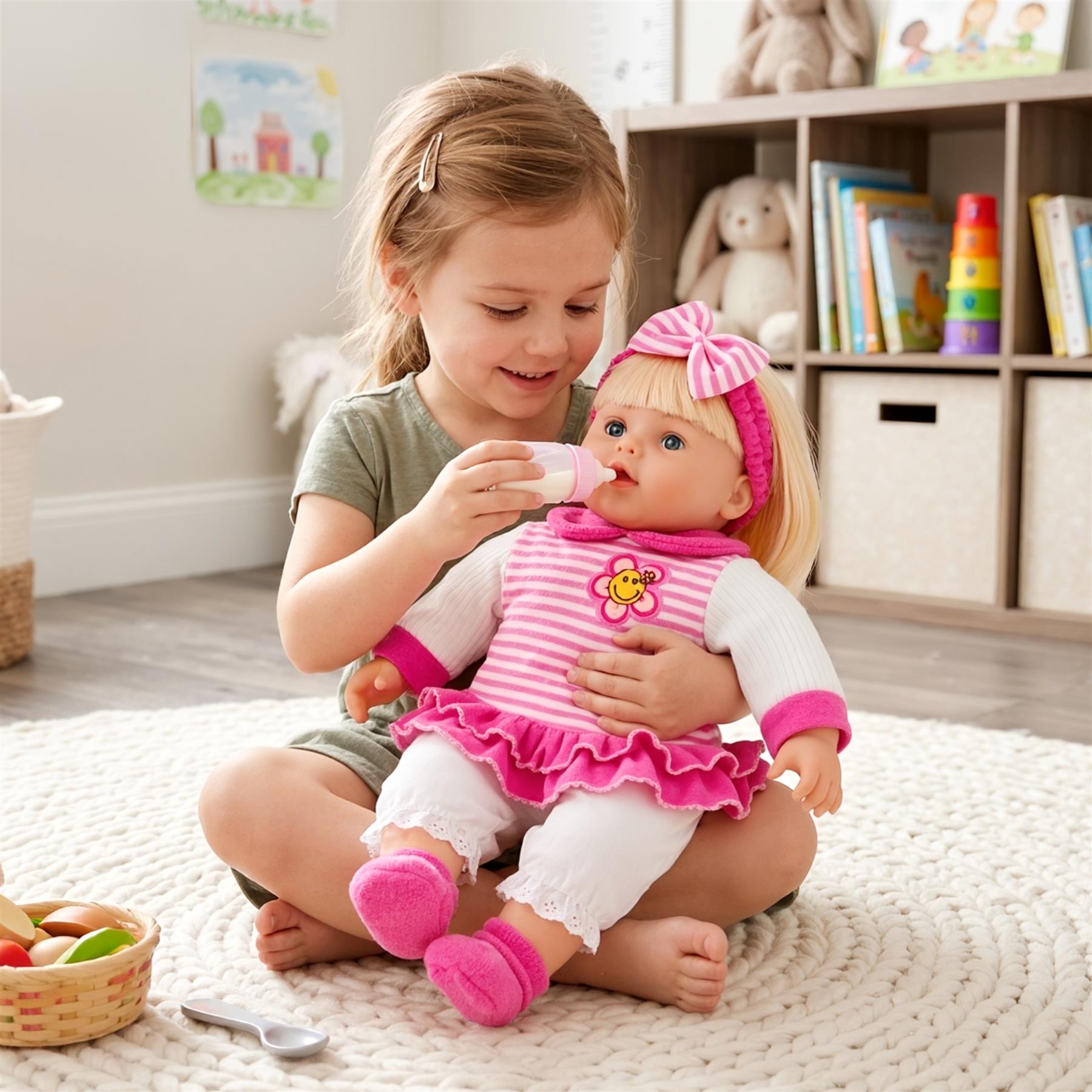 Life-sized blonde baby girl doll wearing a coordinated pink outfit and skirt.