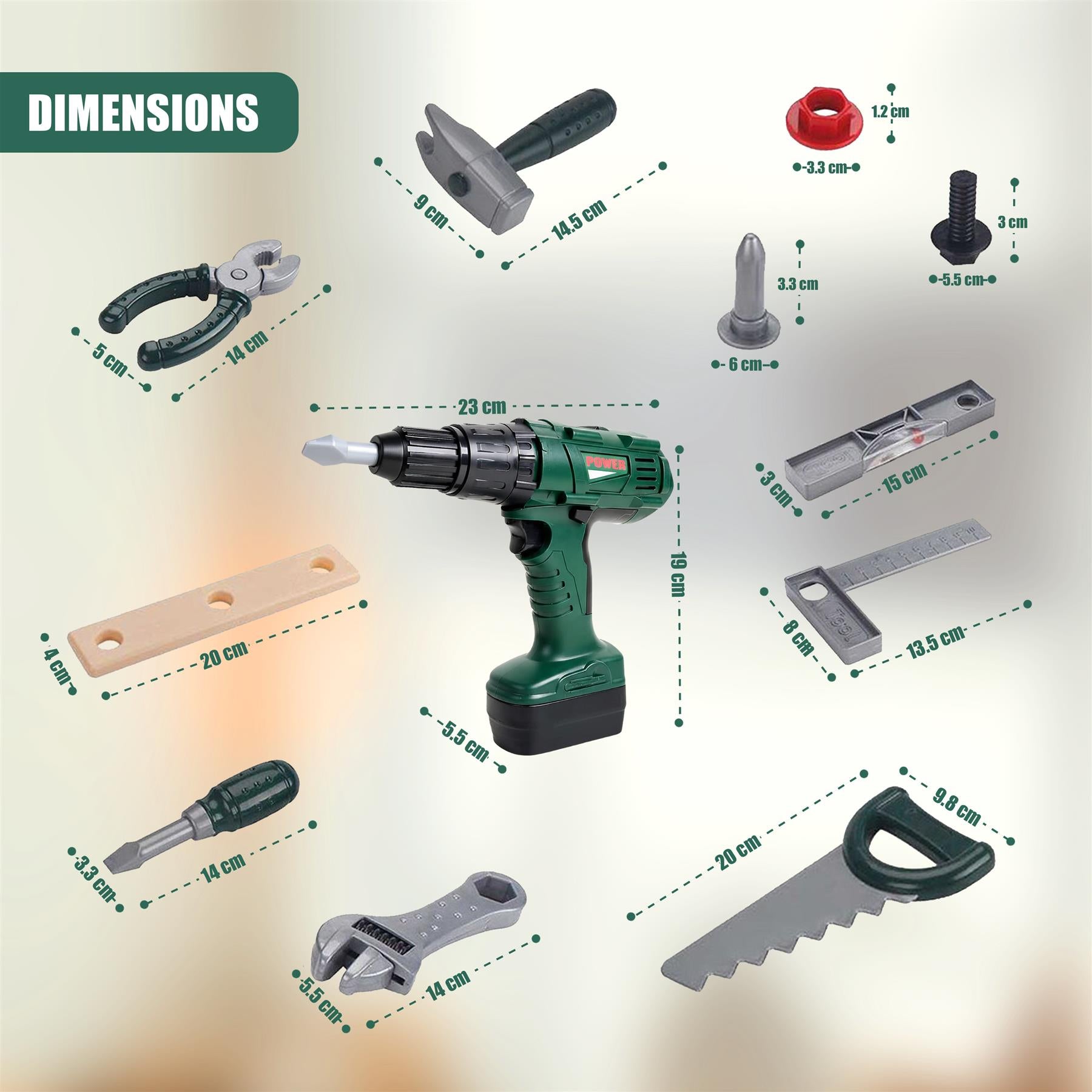 A green and black power drill is surrounded by various tools and accessories, including a hammer, saw, and pli... - The Magic Toy Shop