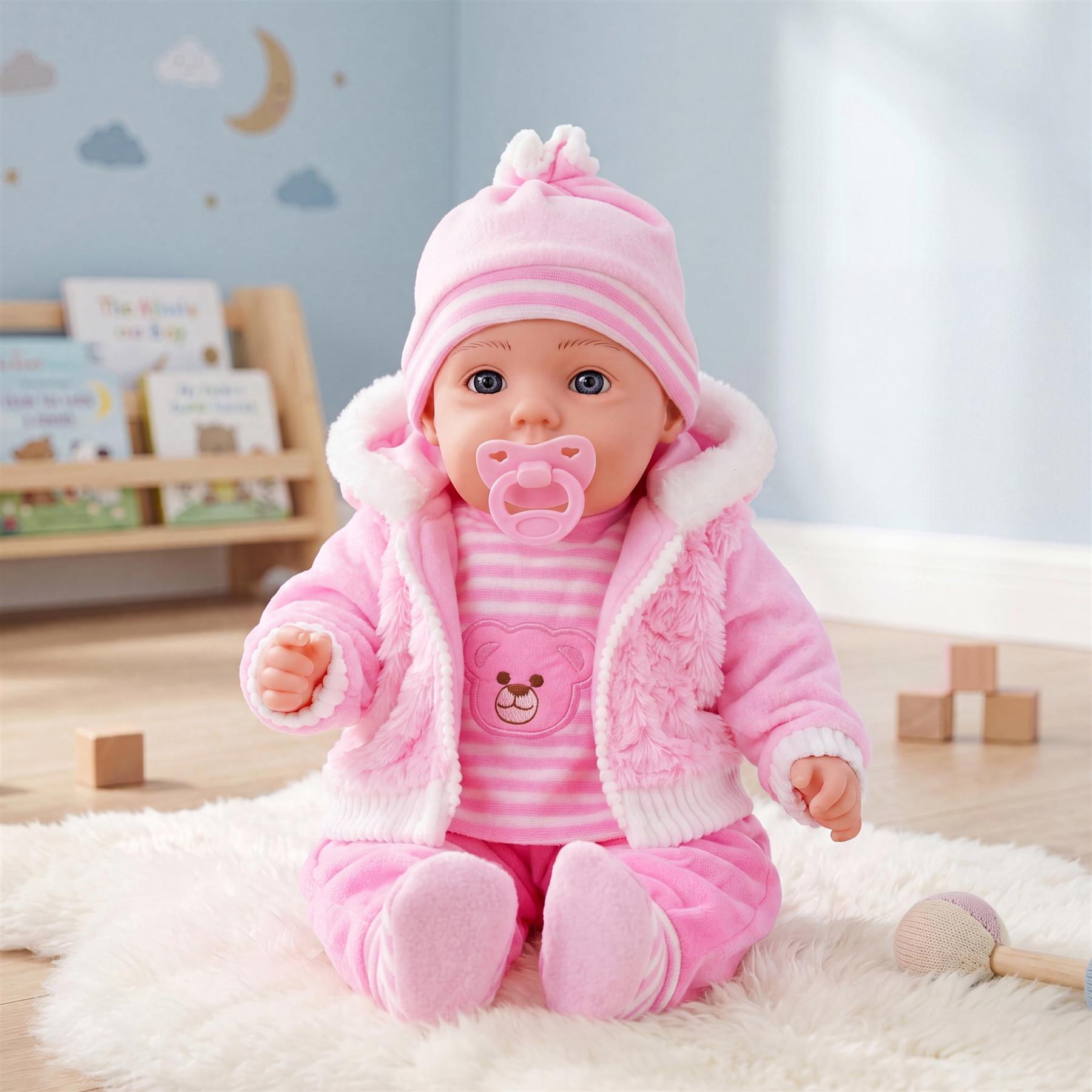 The doll is pink, wearing a dress, and measuring approximately 50 centimeters in height.