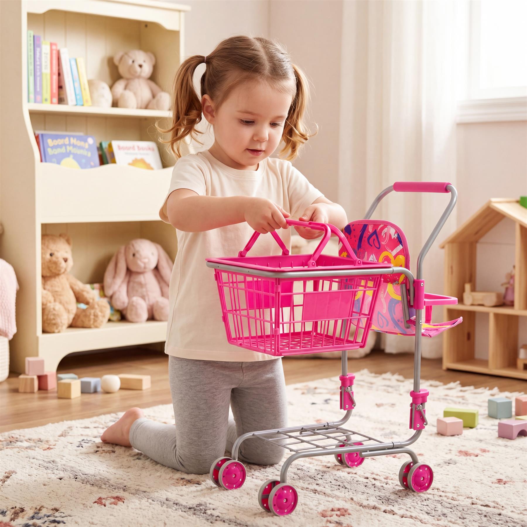 Kids Shopping Trolley with Basket & Doll Seat