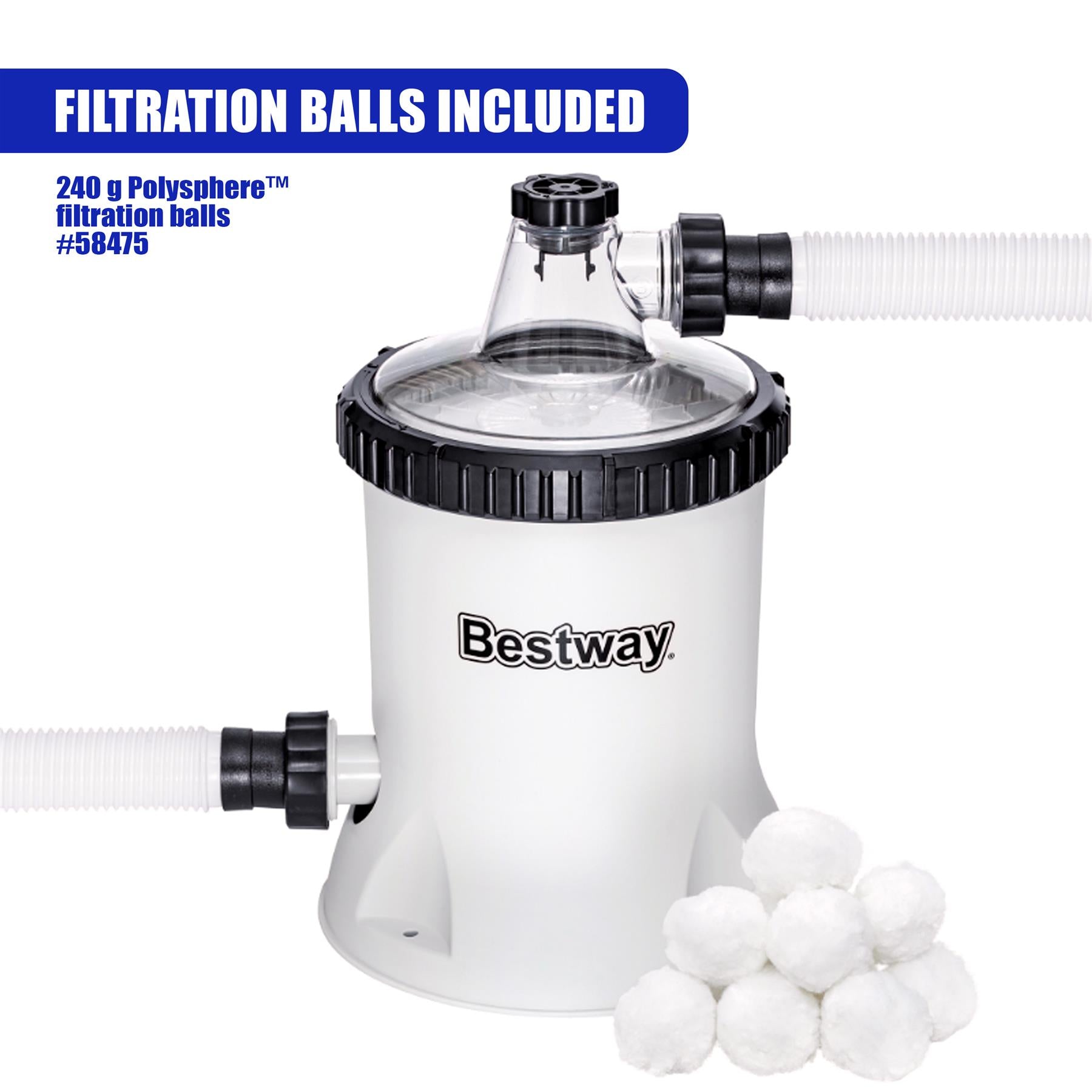 A white Bestway filter pump unit showing connected hoses and a pile of included white filtration balls.