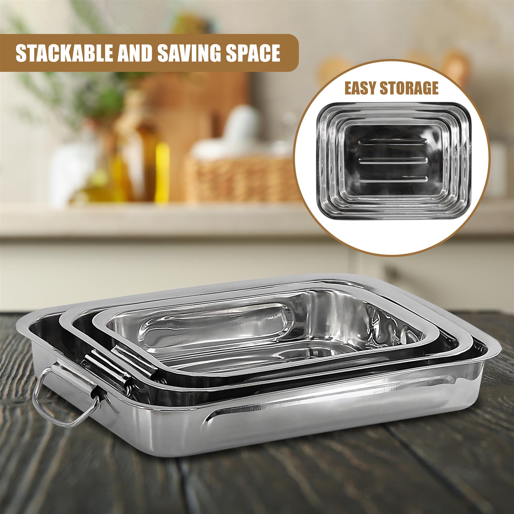 Set Of 3 Stainless Steel Roasting Trays by GEEZY - The Magic Toy Shop