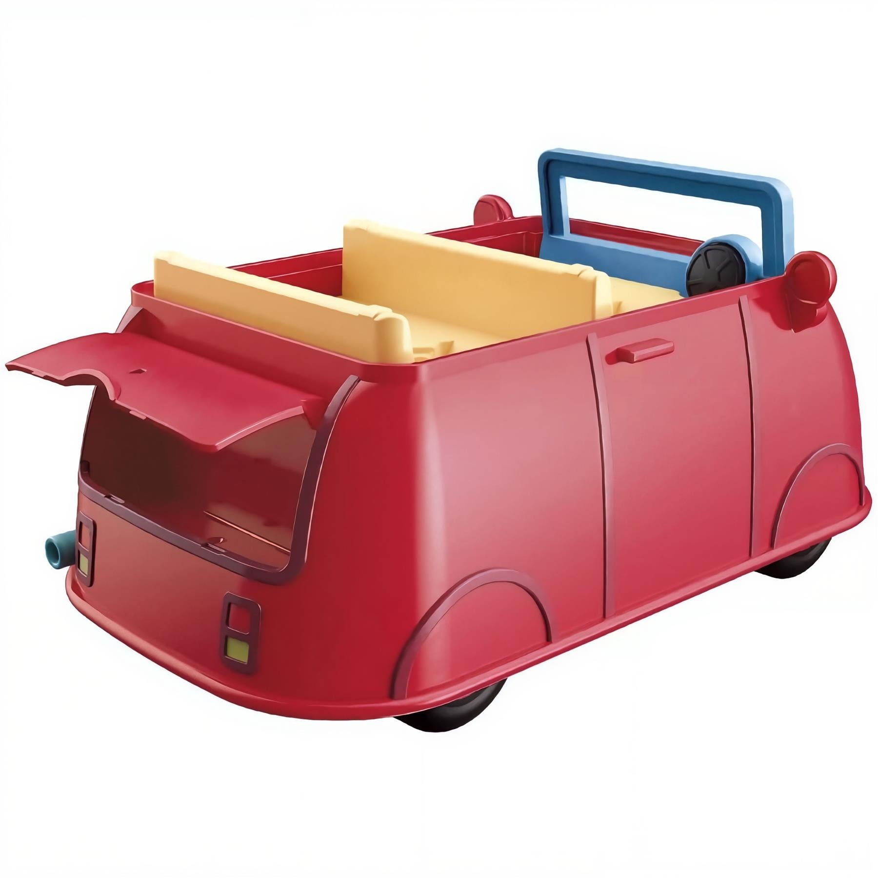 The red toy wagon features a blue handle and beige interior compartments.