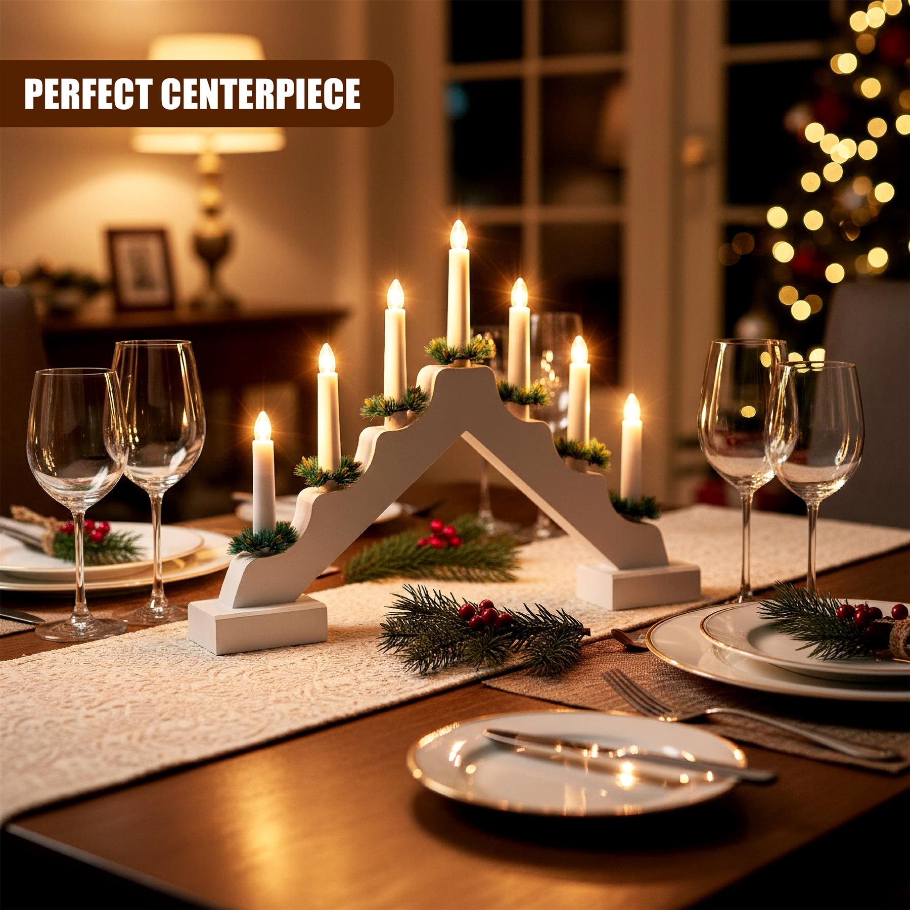 White Wooden Candle Bridge with 7 LED Lights