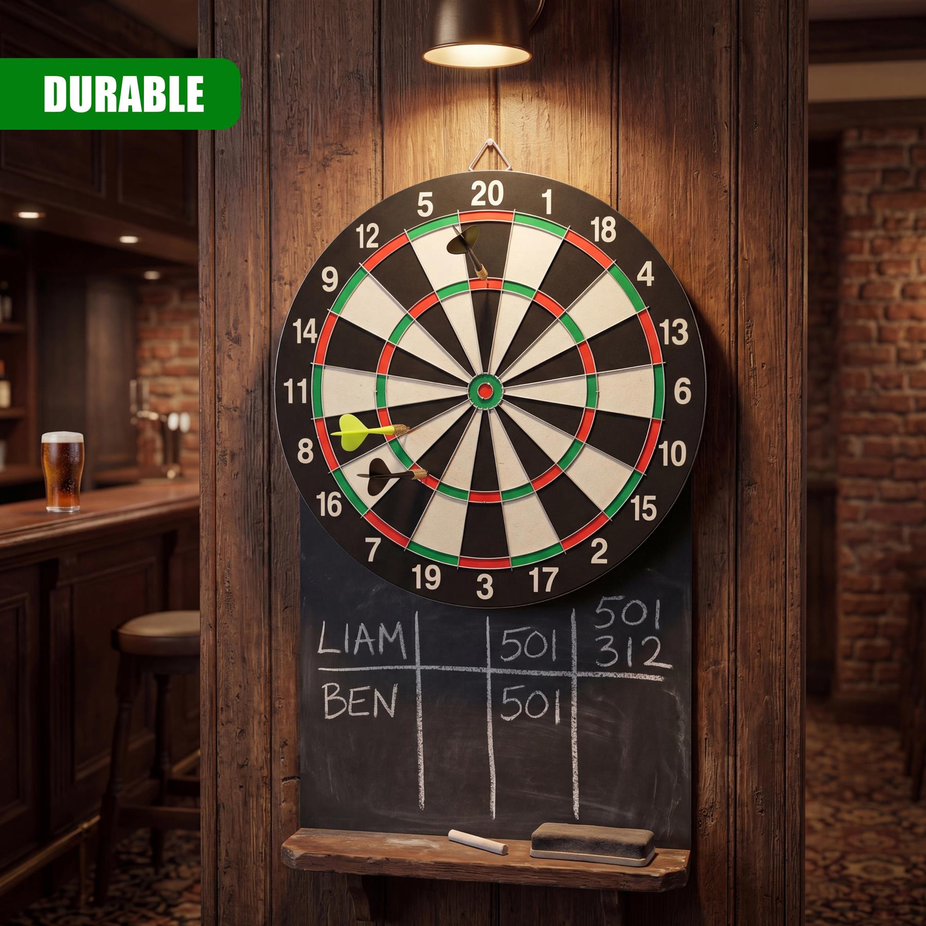 Double-sided dartboard mounted on wood with visible targets, a dart rack, and a chalkboard scoring area.