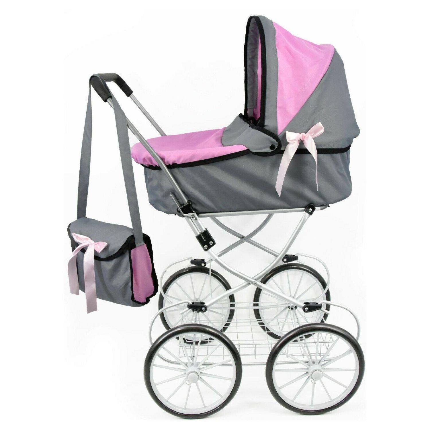 Pink and Grey Vintage Cambridge Doll Pram by BiBi Doll - The Magic Toy Shop