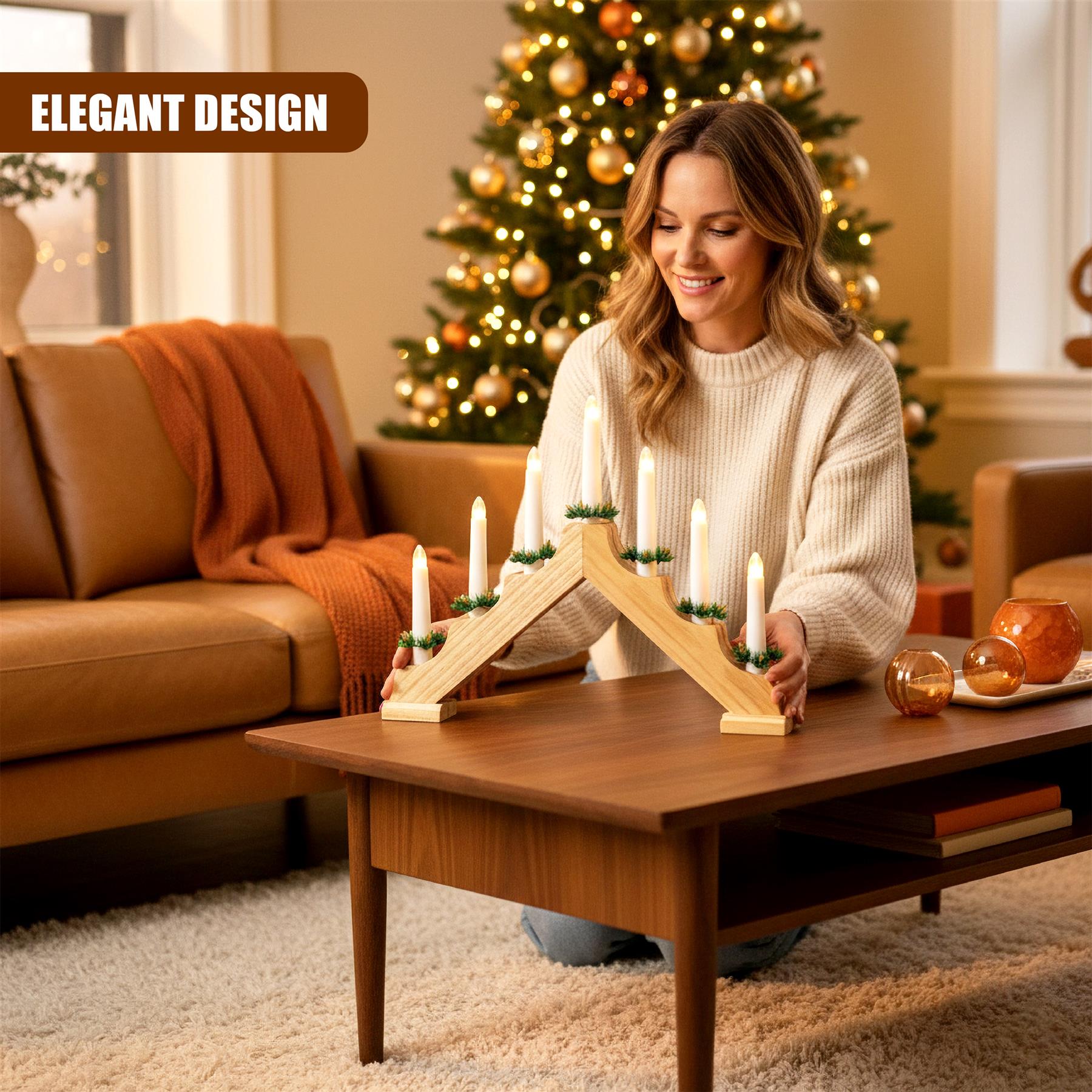 A woman in a living room, surrounded by Christmas decorations, holds a wooden candle holder in the shape of a Christmas tree. The candle holder has multiple tiers and is made of natural wood. It is lit with white candles and has a festive, Christmas-themed design. - The Magic Toy Shop