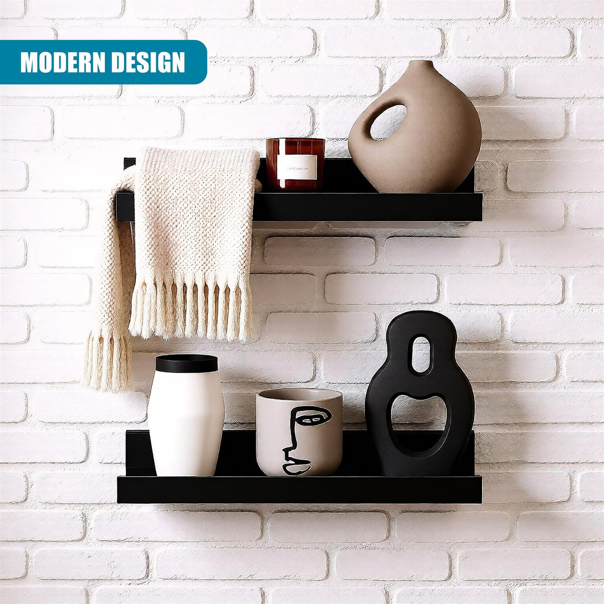 Black floating shelves with décor displayed on a brick wall