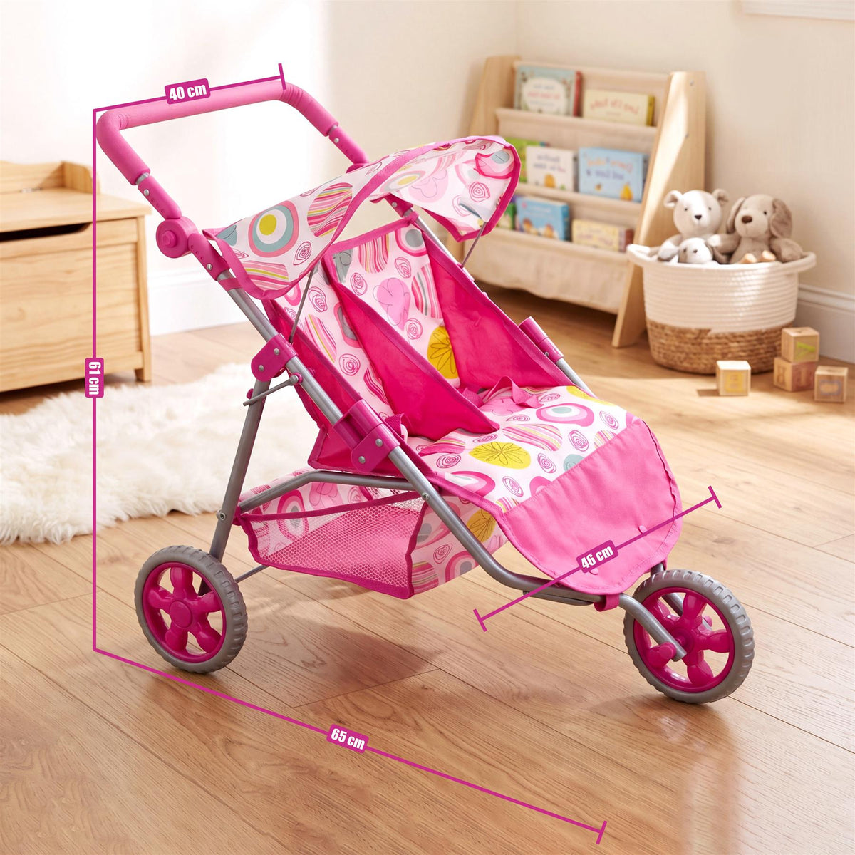 3 Wheeler Twin Doll's Pushchair, Pink