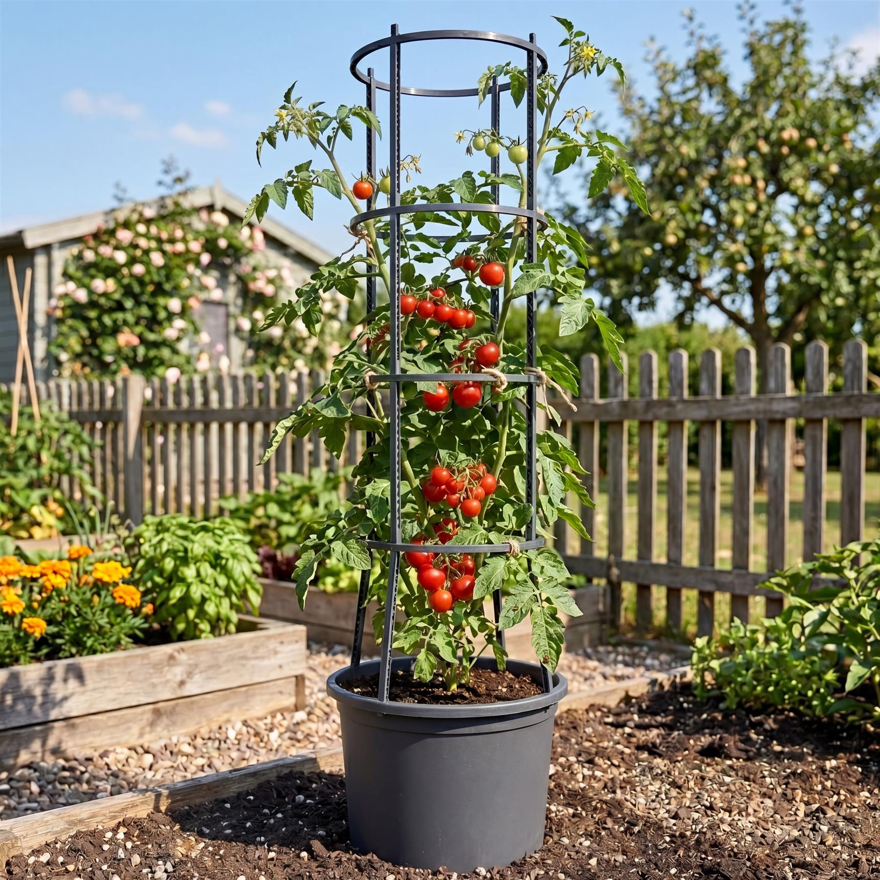 Black metal tiered tomato cage stands in a pot, holding multiple ripe red tomatoes.