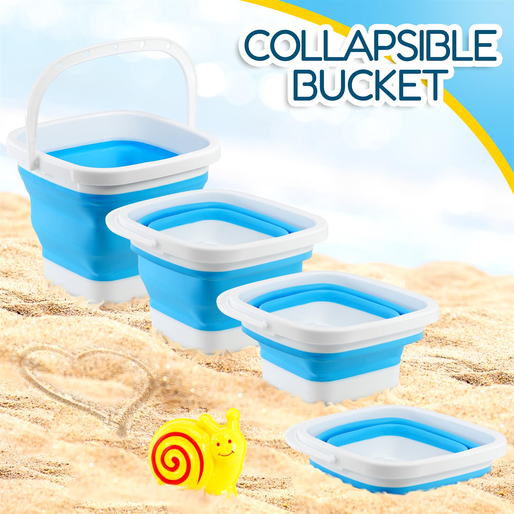 Several blue and white collapsible beach tubs and small toys sit on a sandy surface.