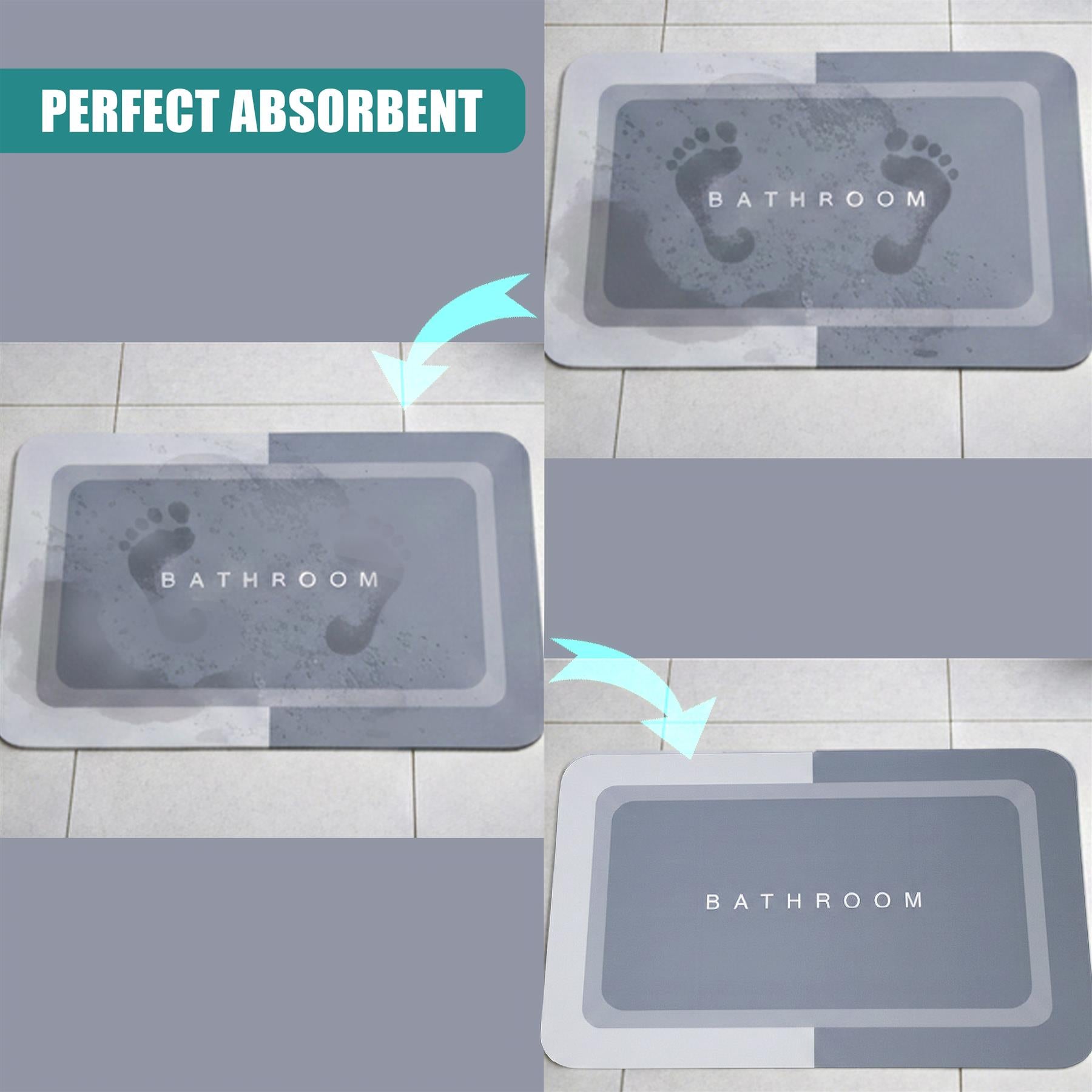 Grey bath mat featuring subtle footprint design and contrasting rectangular border detail.