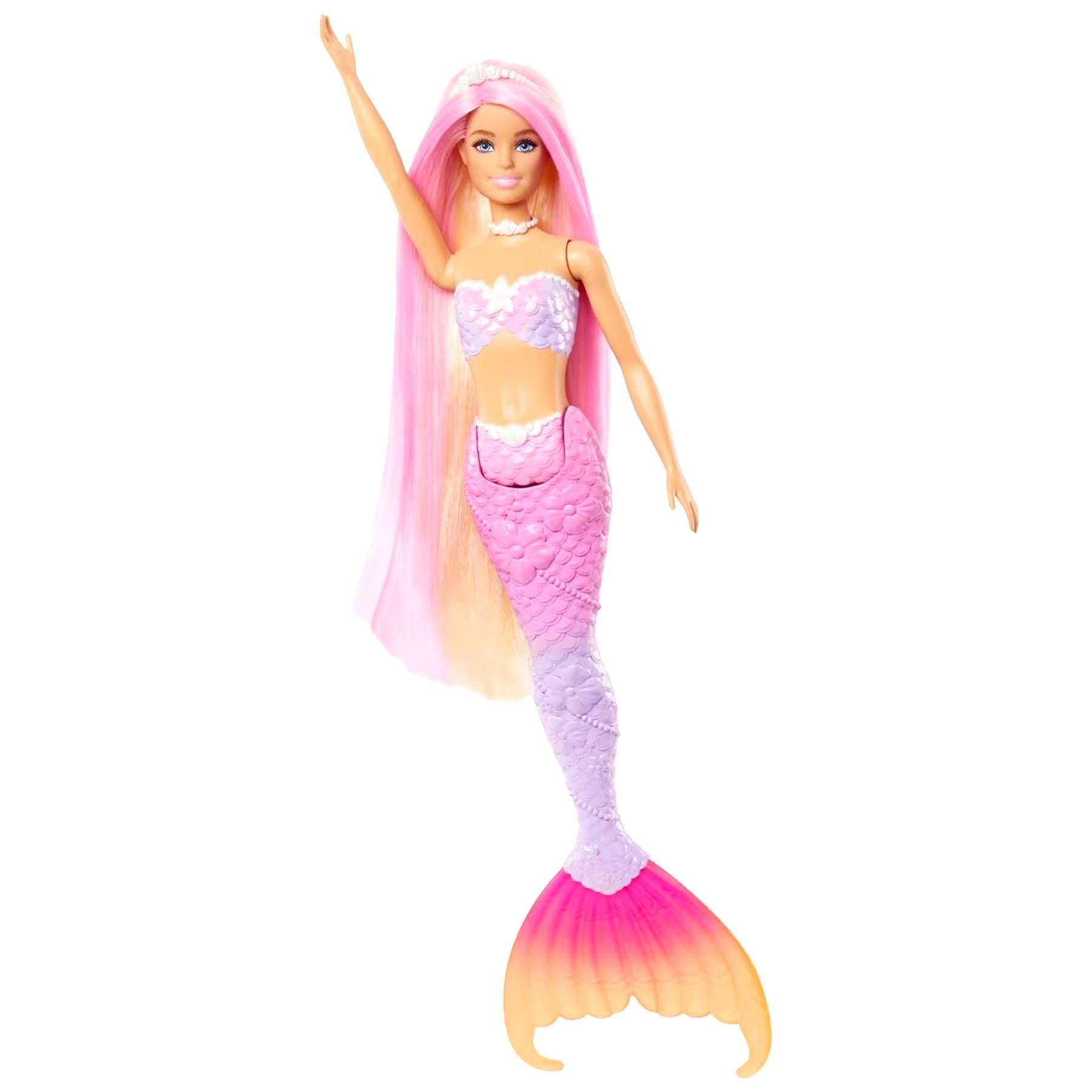Blonde mermaid doll wearing a sparkly purple bikini top and a gradient orange tail fin.