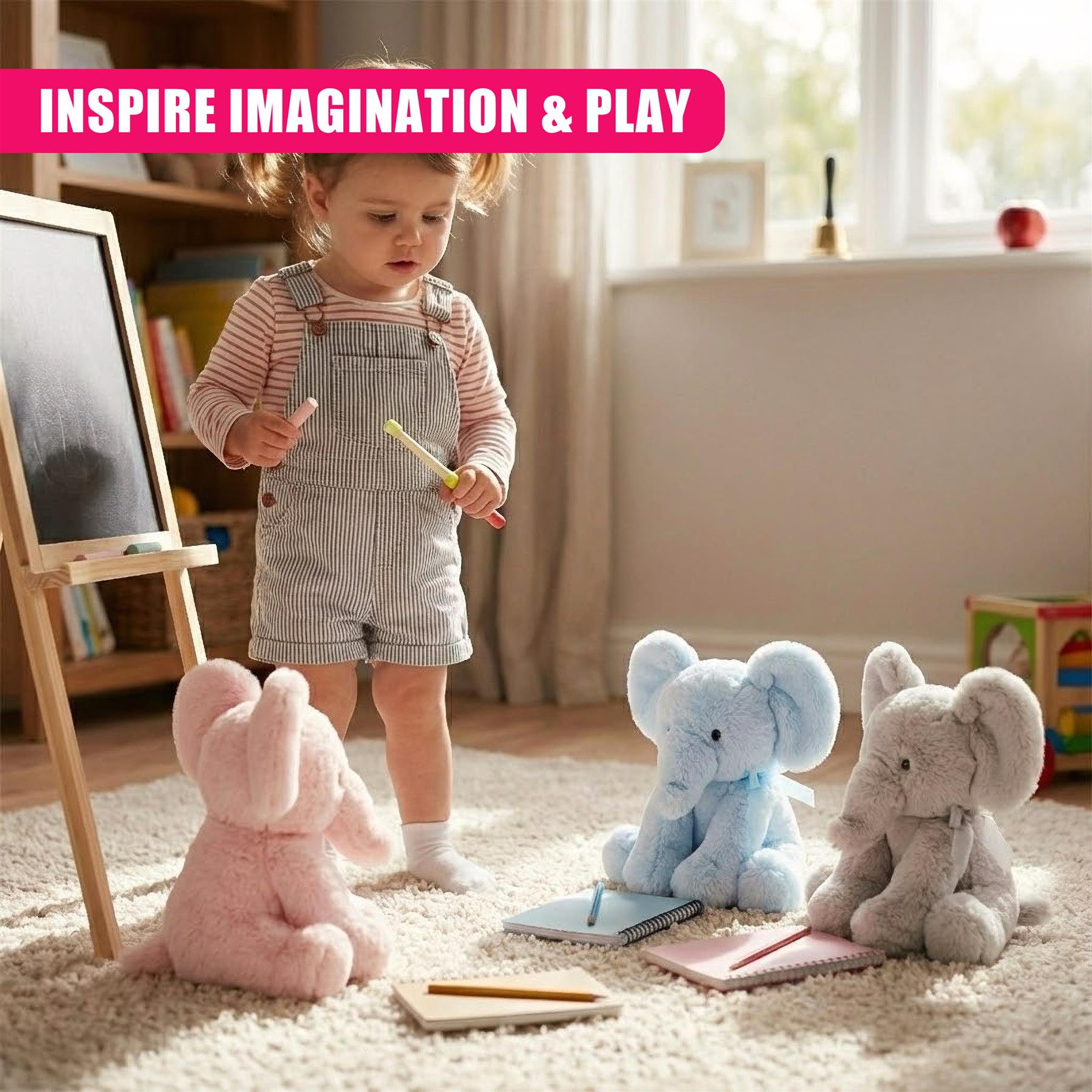 A child stands in a playroom, holding a chalkboard and surrounded by plush toys. The room has a bookshelf, a window with a white curtain, and a toy box. The child is surrounded by three plush toys: a pink rabbit, a blue elephant, and a grey elephant. Each toy has a notebook and a pencil. The child is holding a chalkboard and a chalk, drawing on the board. The room is well-lit, with a warm and cozy atmosphere. The child is dressed in a striped shirt and overalls, and is standing on a wh… - The Magic Toy Shop