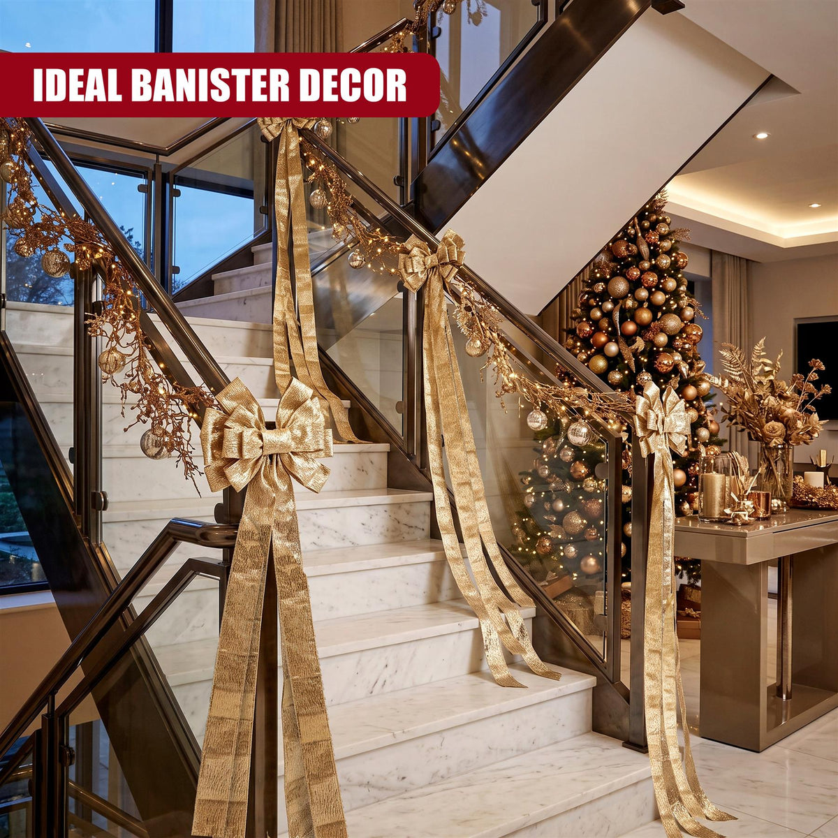 Gold Christmas tree bow topper, 130cm, adorns a staircase with festive ribbons and a Christmas tree