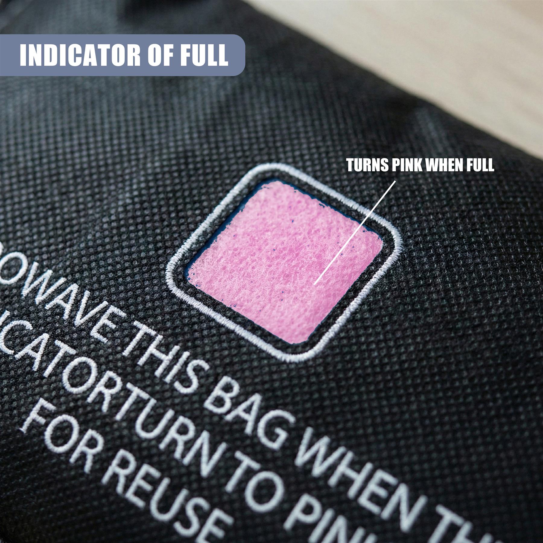 Black fabric bag features white text and a square indicator that changes to pink when full.