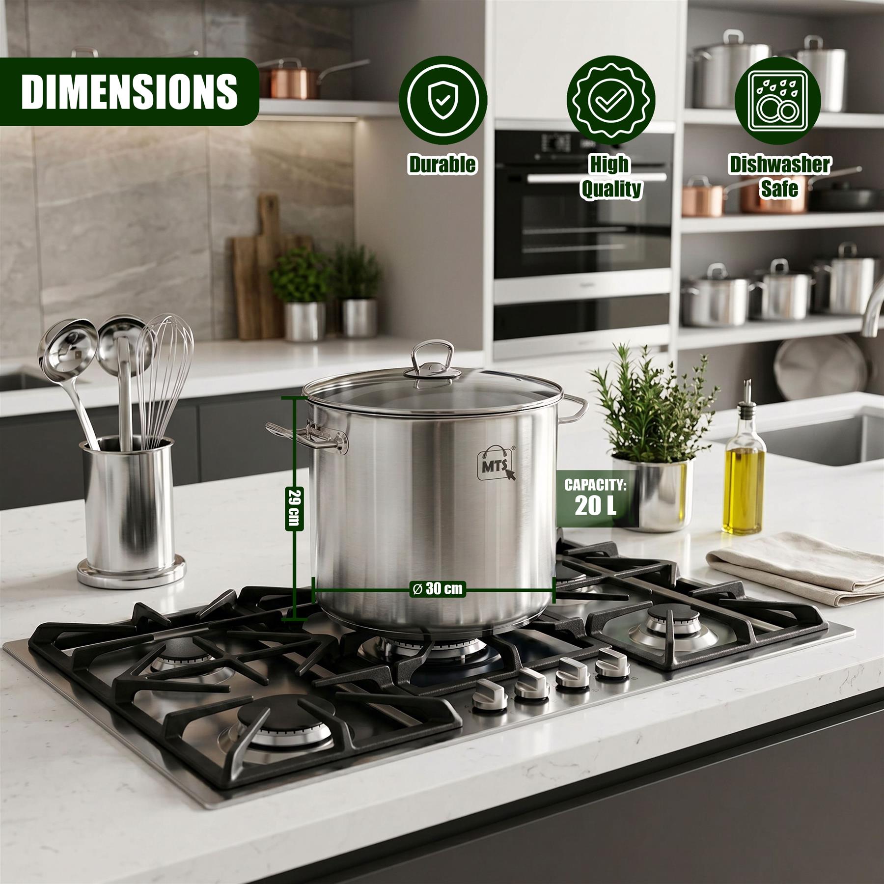 A large stainless steel stock pot rests on a stovetop burner, labeled with capacity and dimensions.