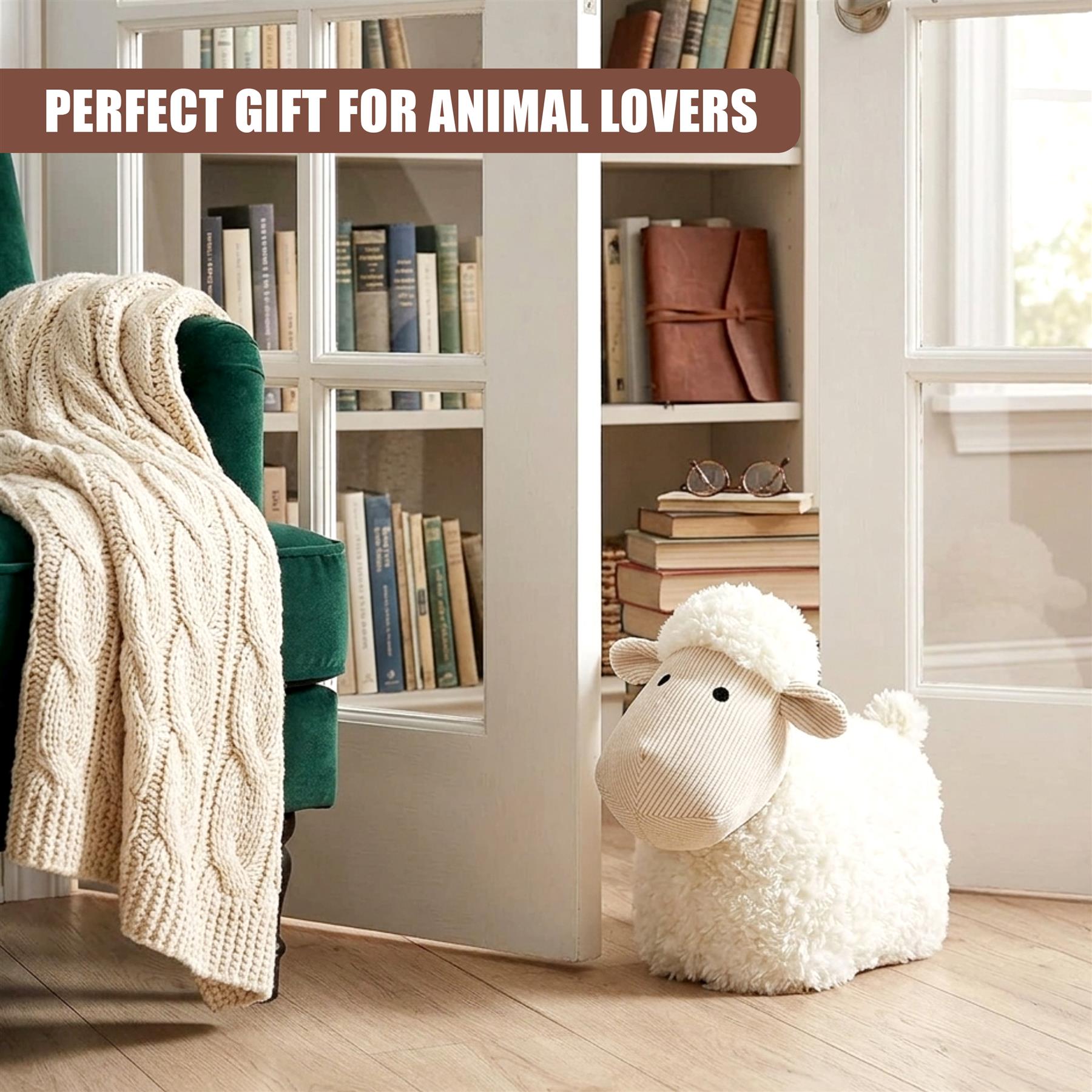 Fluffy white sheep novelty door stopper rests on a light wooden floor.
