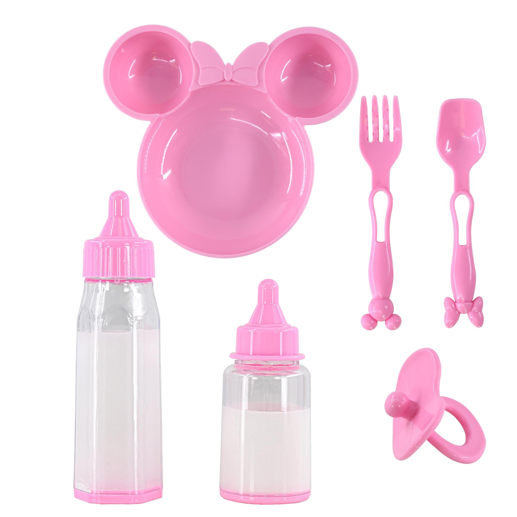 Pink doll feeding accessory set includes a plate, two bottles, a fork, a spoon, and a pacifier.