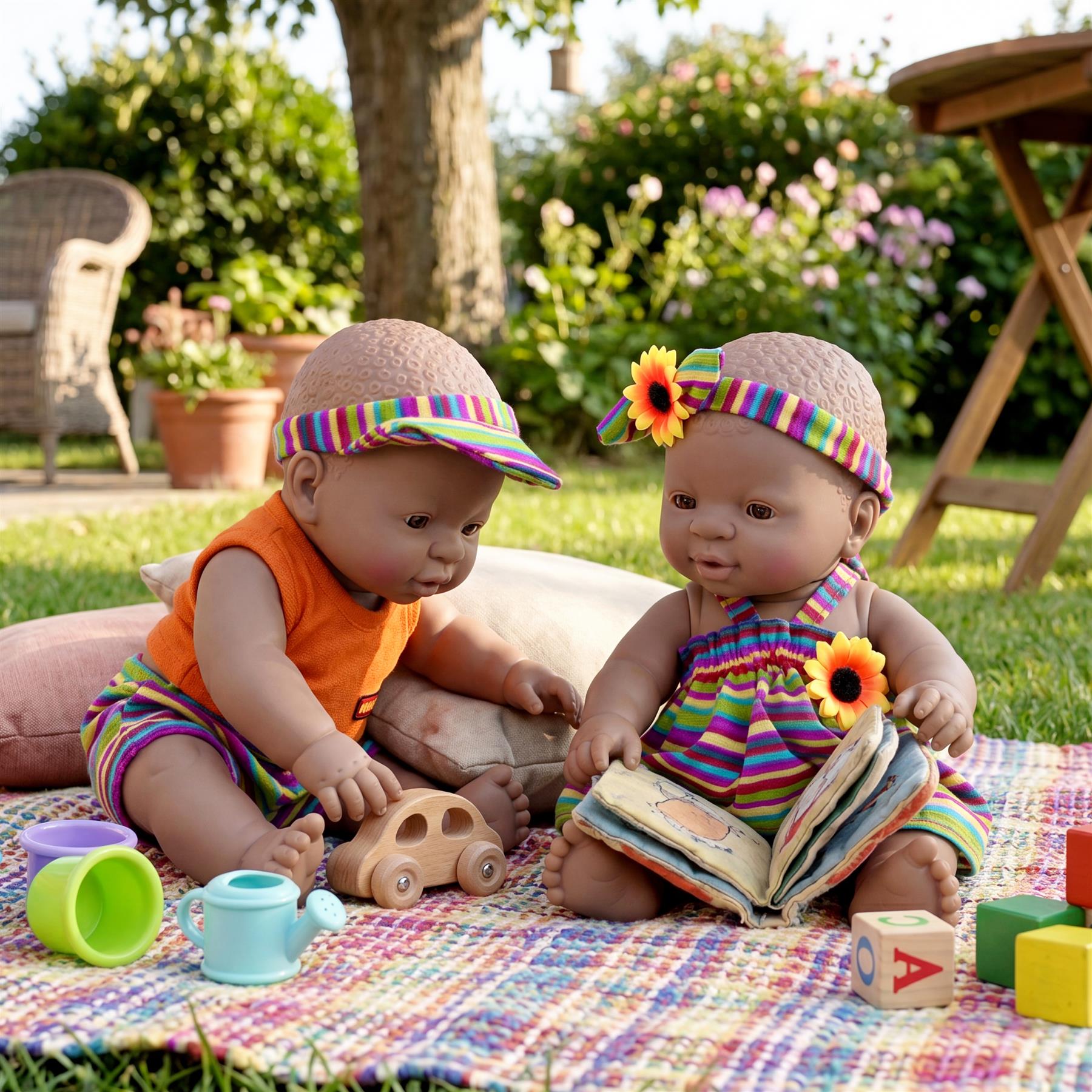 A pair of matching black vinyl dolls displayed together, labeled as Twin Dolls. They are 30 cm tall.