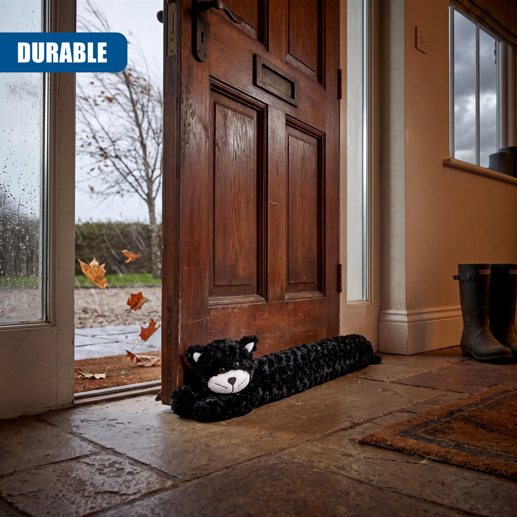 Black novelty cat draught excluder lying on the stone floor near a wooden door.