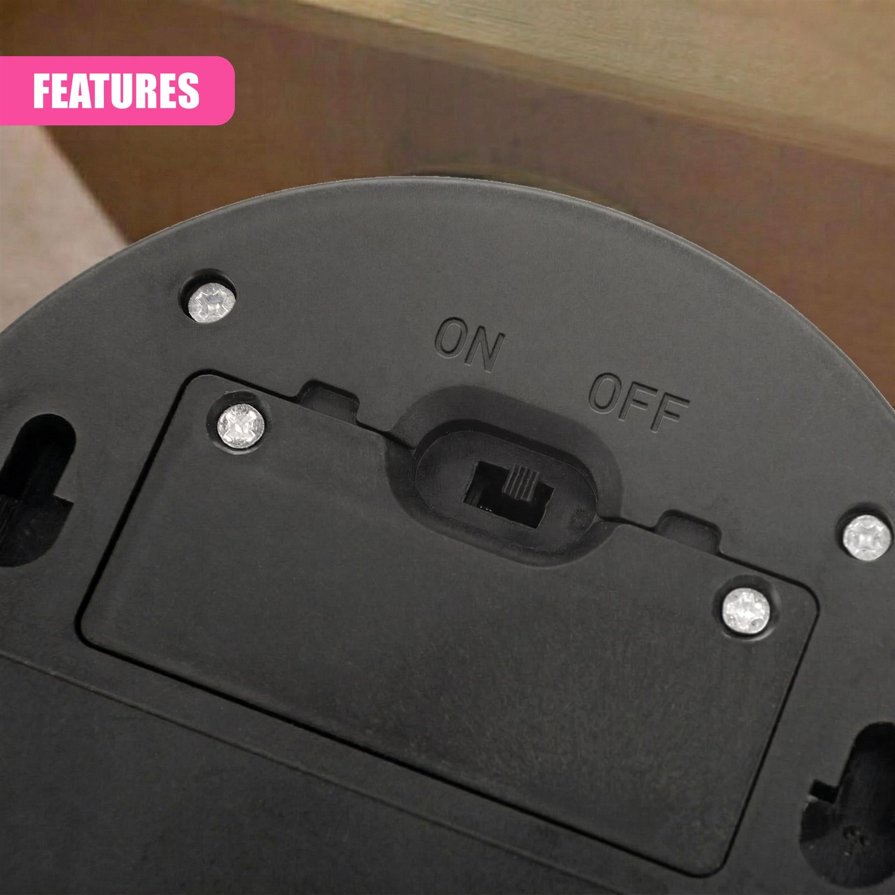 Black outdoor light fixture with visible power switch marked ON and OFF.