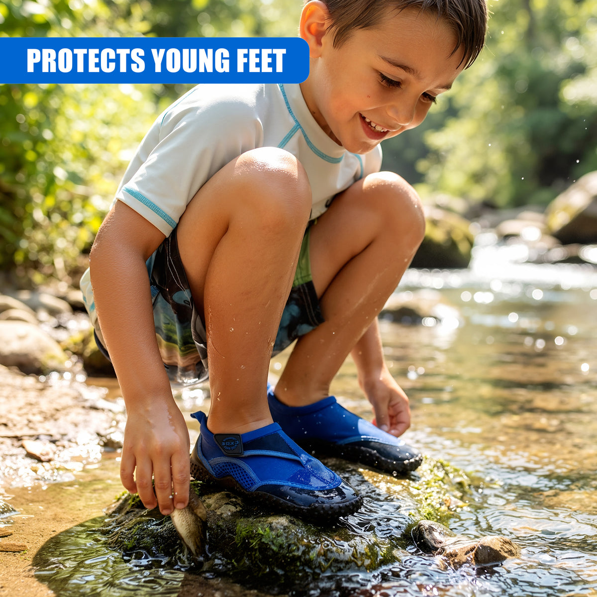 Blue GEEZY aqua shoes protect young feet as a boy explores a riverbank