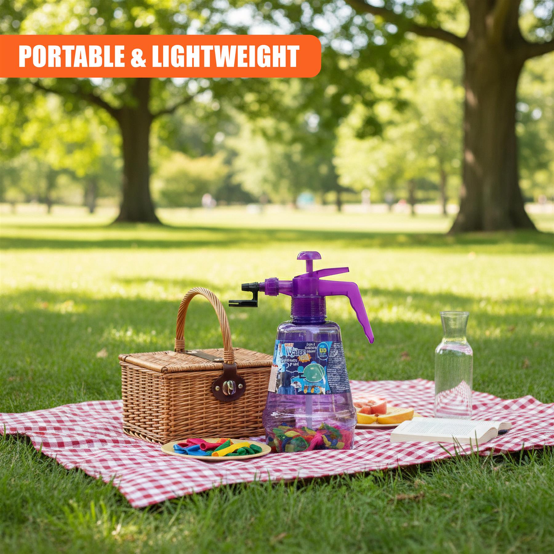 Wicker basket, purple spray bottle, and small glass container sit on a picnic blanket outdoors.