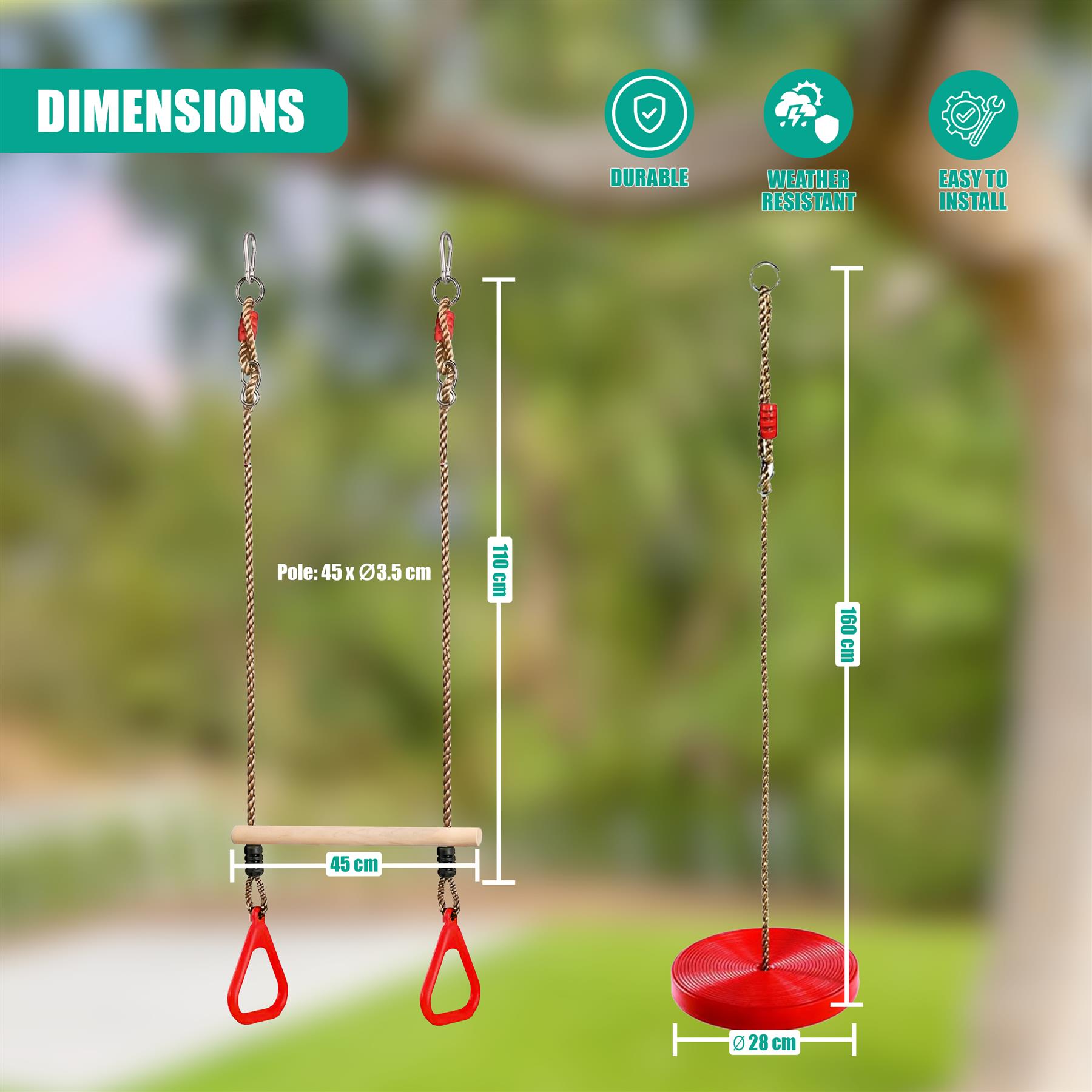Two activity sets shown: a horizontal swing bar, a vertical trapeze bar, and a circular seat.