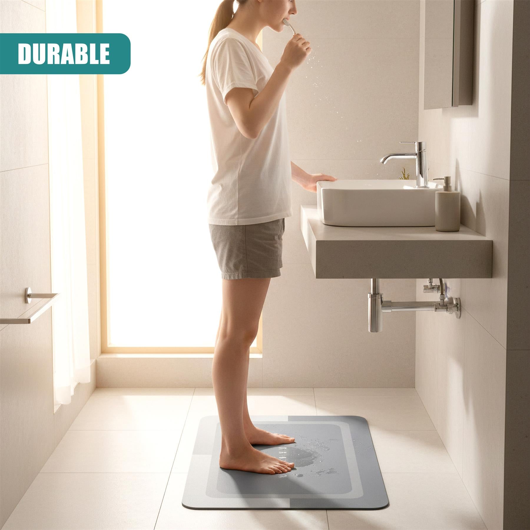 A woman stands on a gray anti-slip bathroom mat near a sink and window.