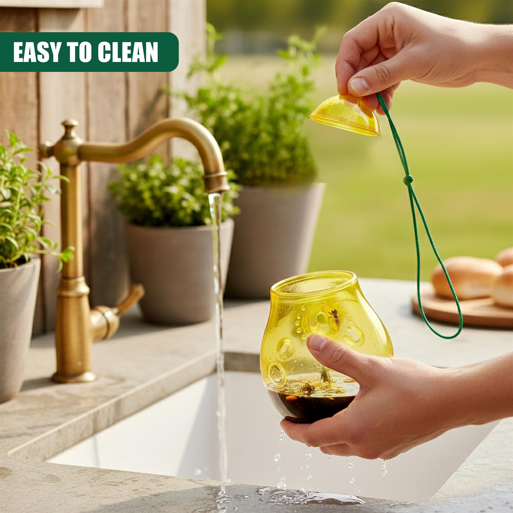 A pair of hands holds yellow wasp traps, one suspended by a green string, over a sink.