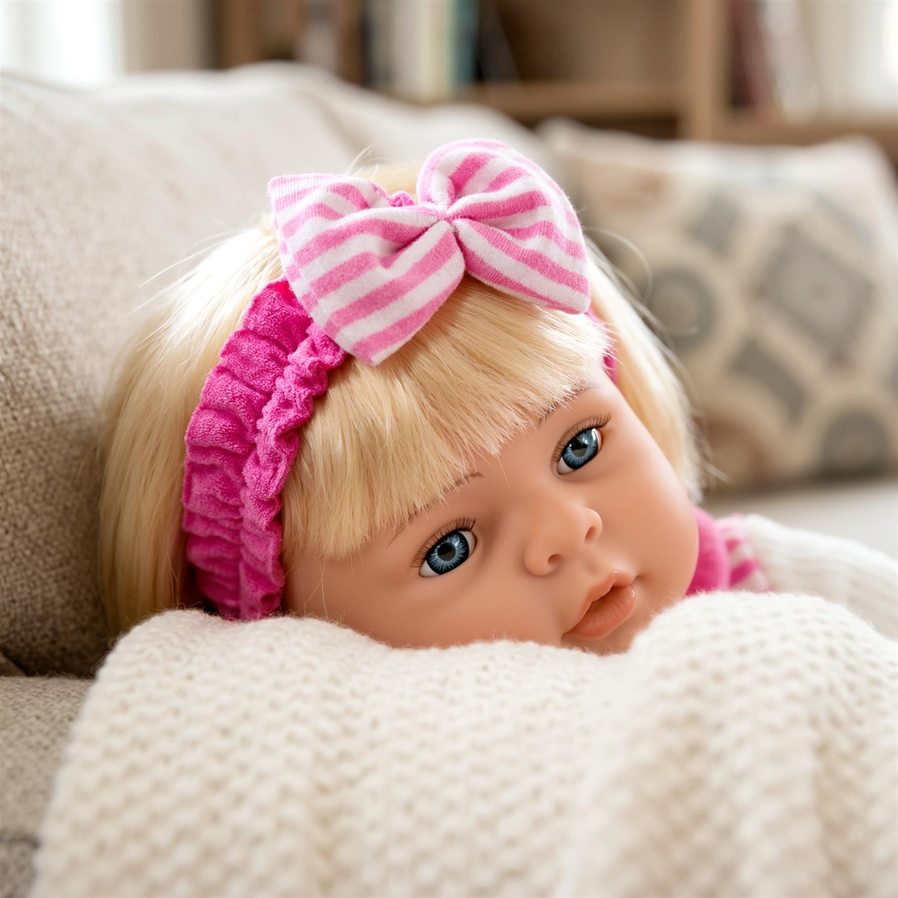 Large baby doll figure with chubby features, seated and dressed in pink and yellow clothes.