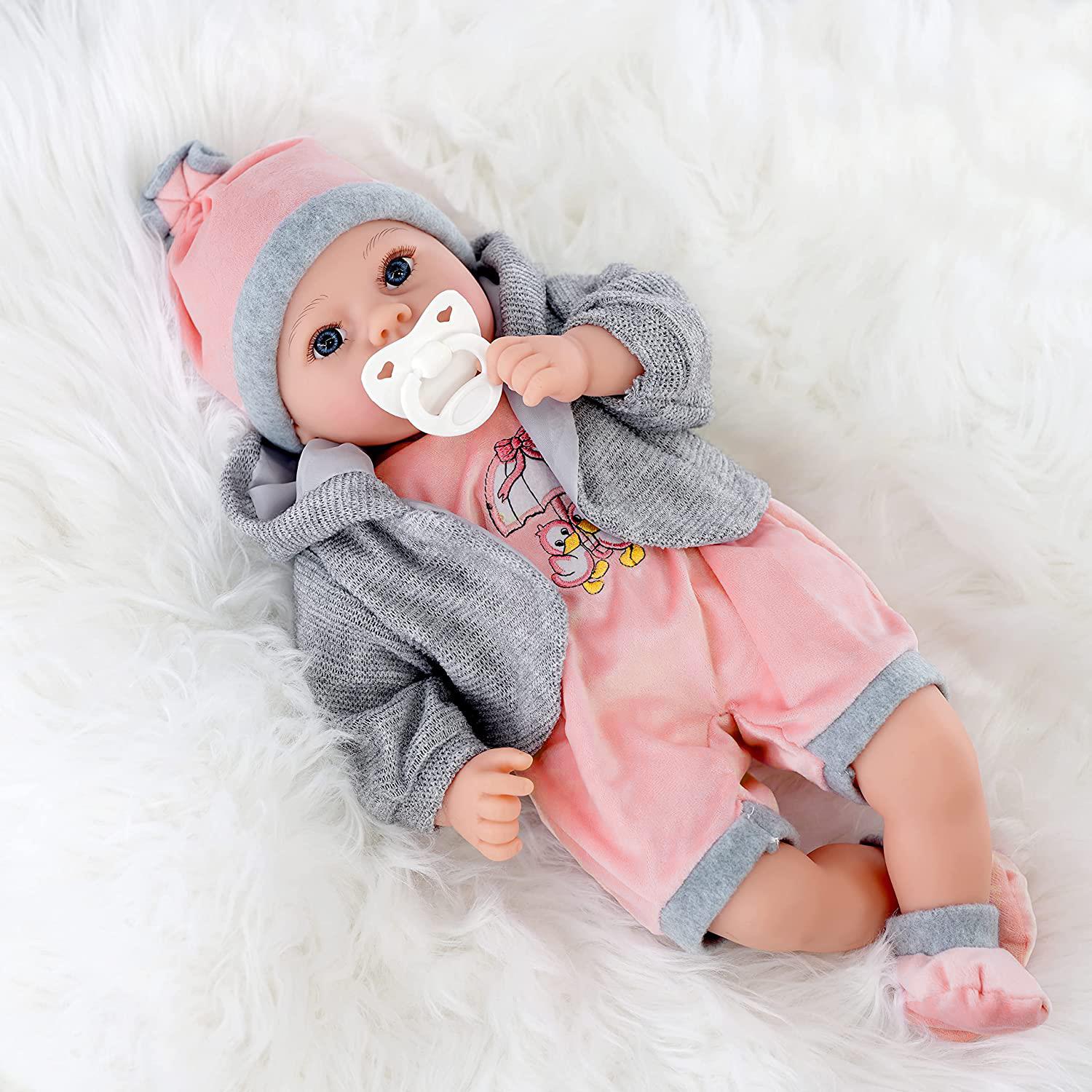 Baby Girl Doll With Dummy & Sounds Grey by BiBi Doll - The Magic Toy Shop