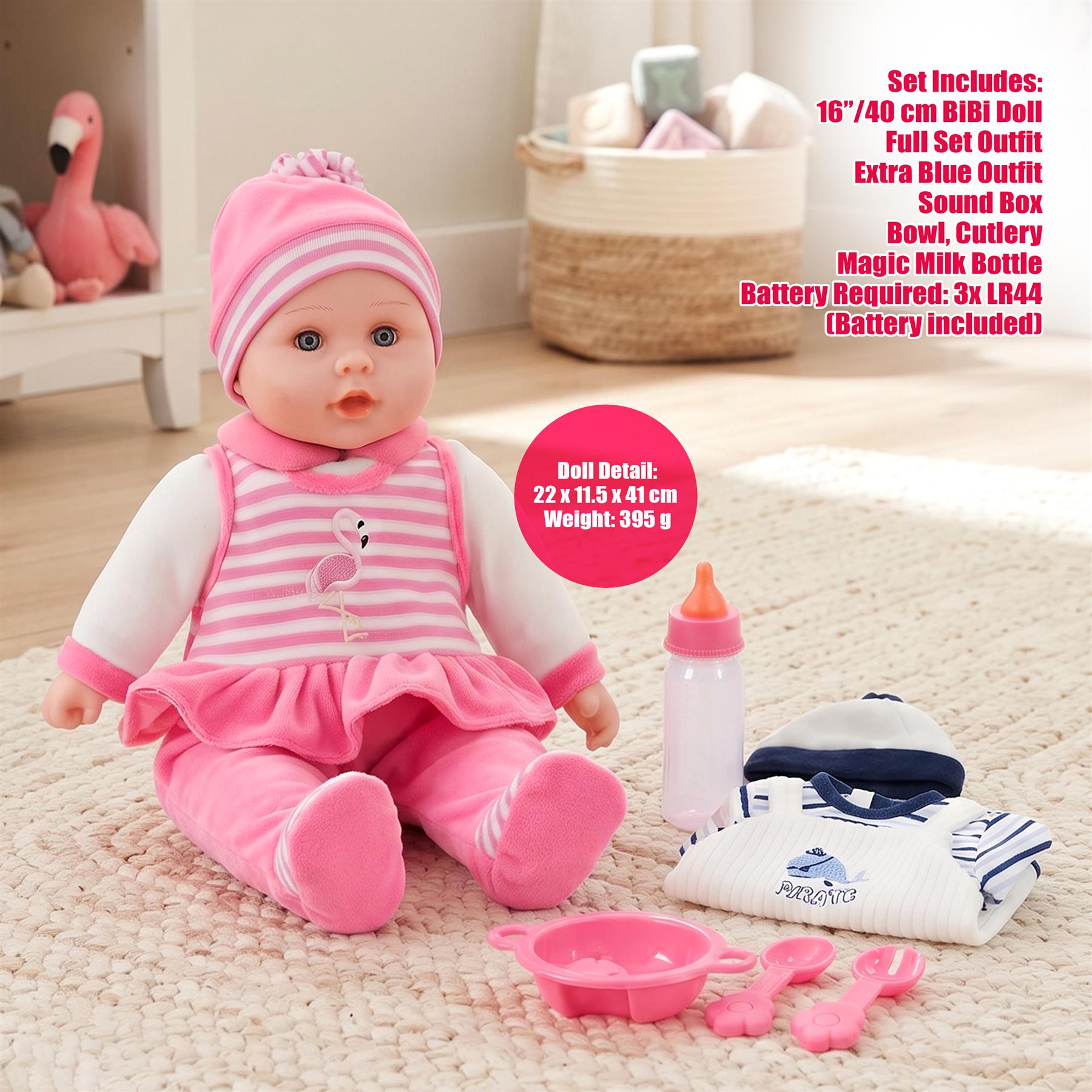 BiBI Baby Girl with Accessories & Bonus Outfit (40 cm / 16")
