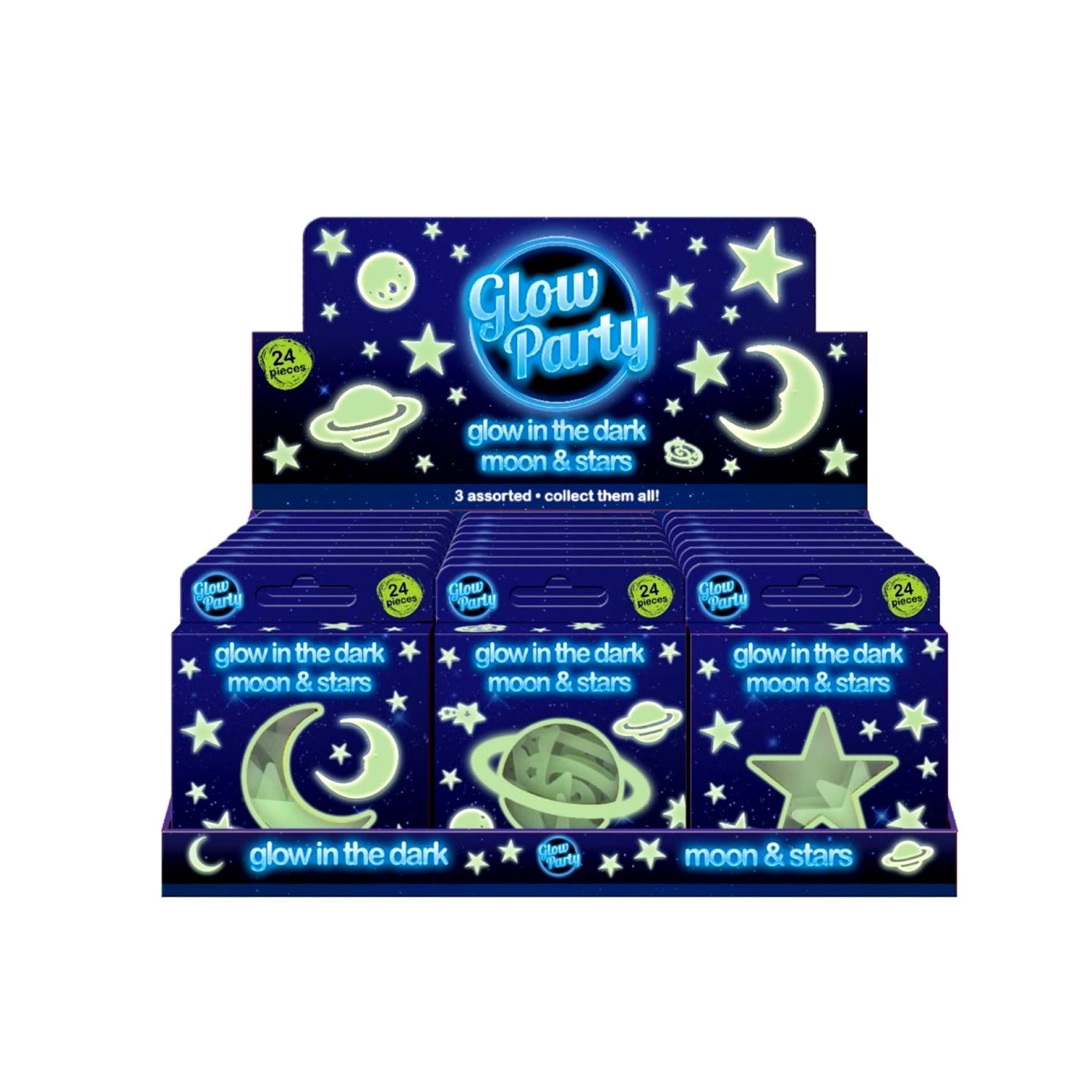A display of "Glow Party" boxes, each containing 24 glow-in-the-dark shapes, including stars, moons, and planets. The boxes are dark blue with a night sky design, featuring a large moon and stars. - The Magic Toy Shop