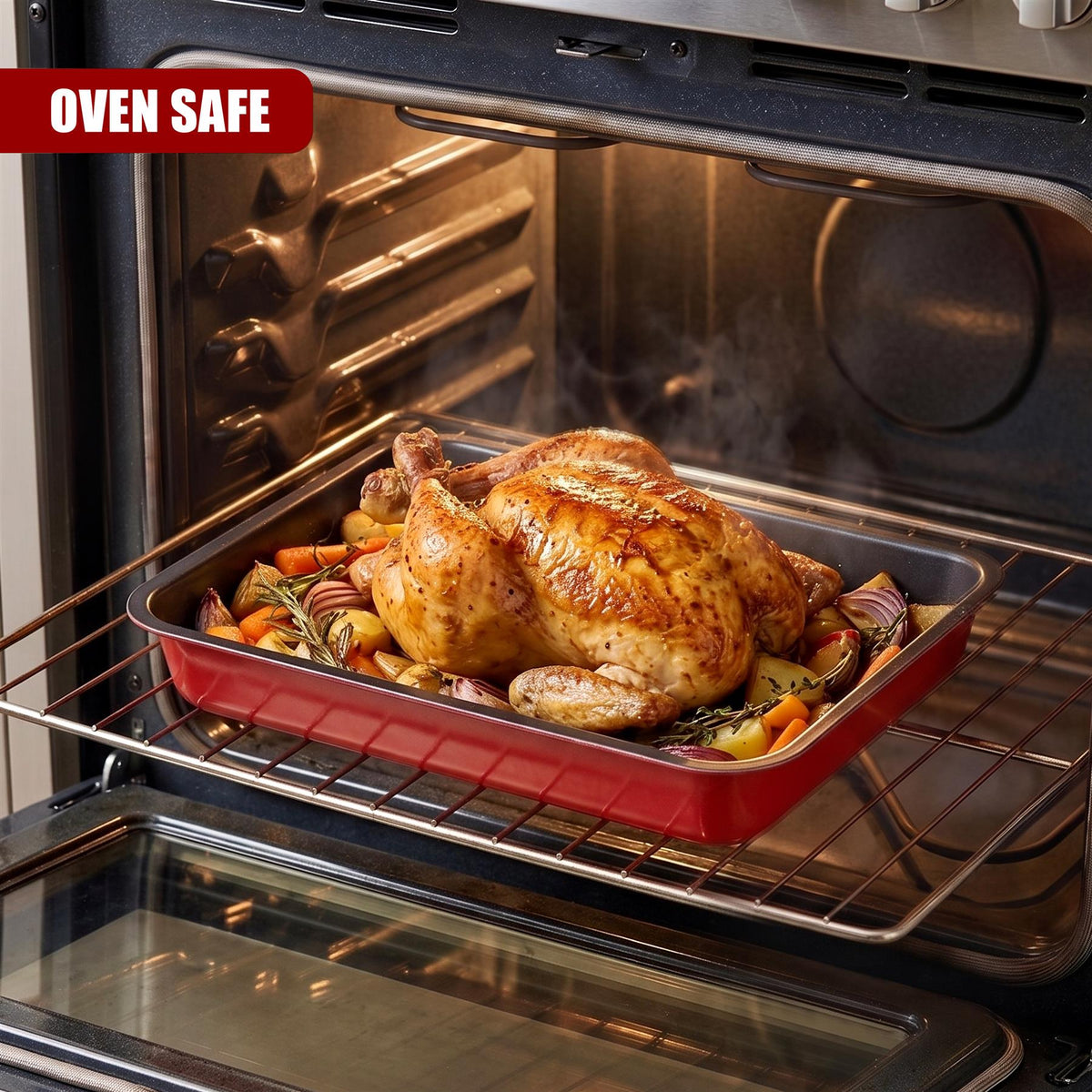 A roasting tray set is shown in an oven, featuring a cooked chicken and vegetables