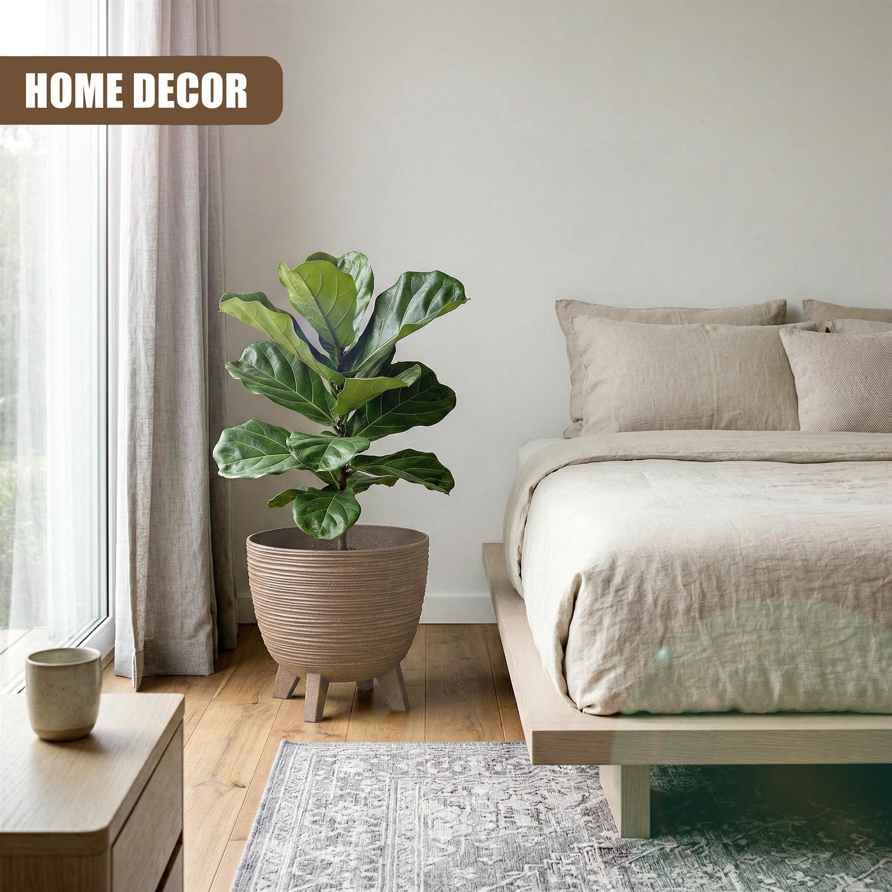 Curved brown flower pot with legs holding a large, deep green indoor plant.