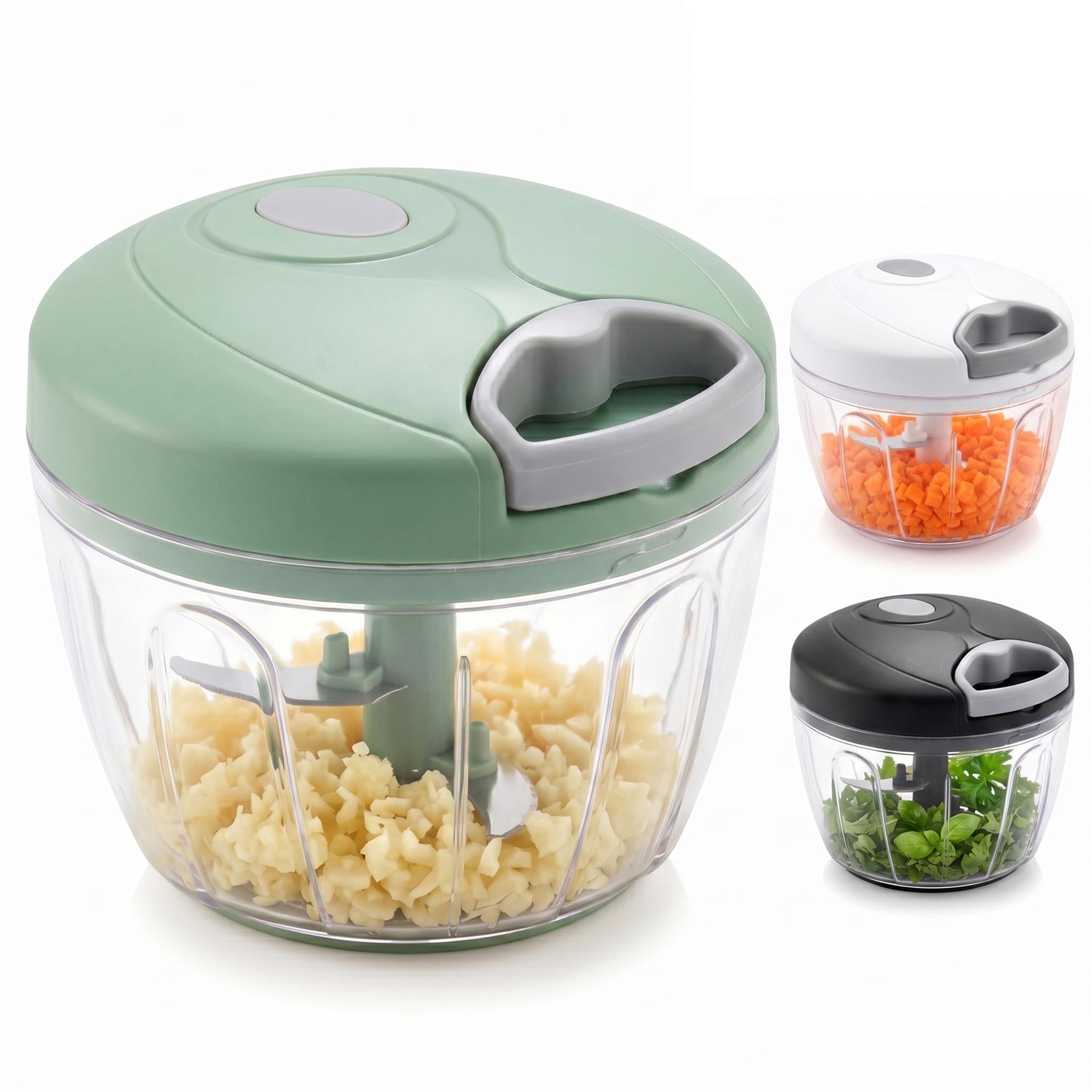 Manual food chopper displaying three removable containers filled with various chopped vegetables and herbs.