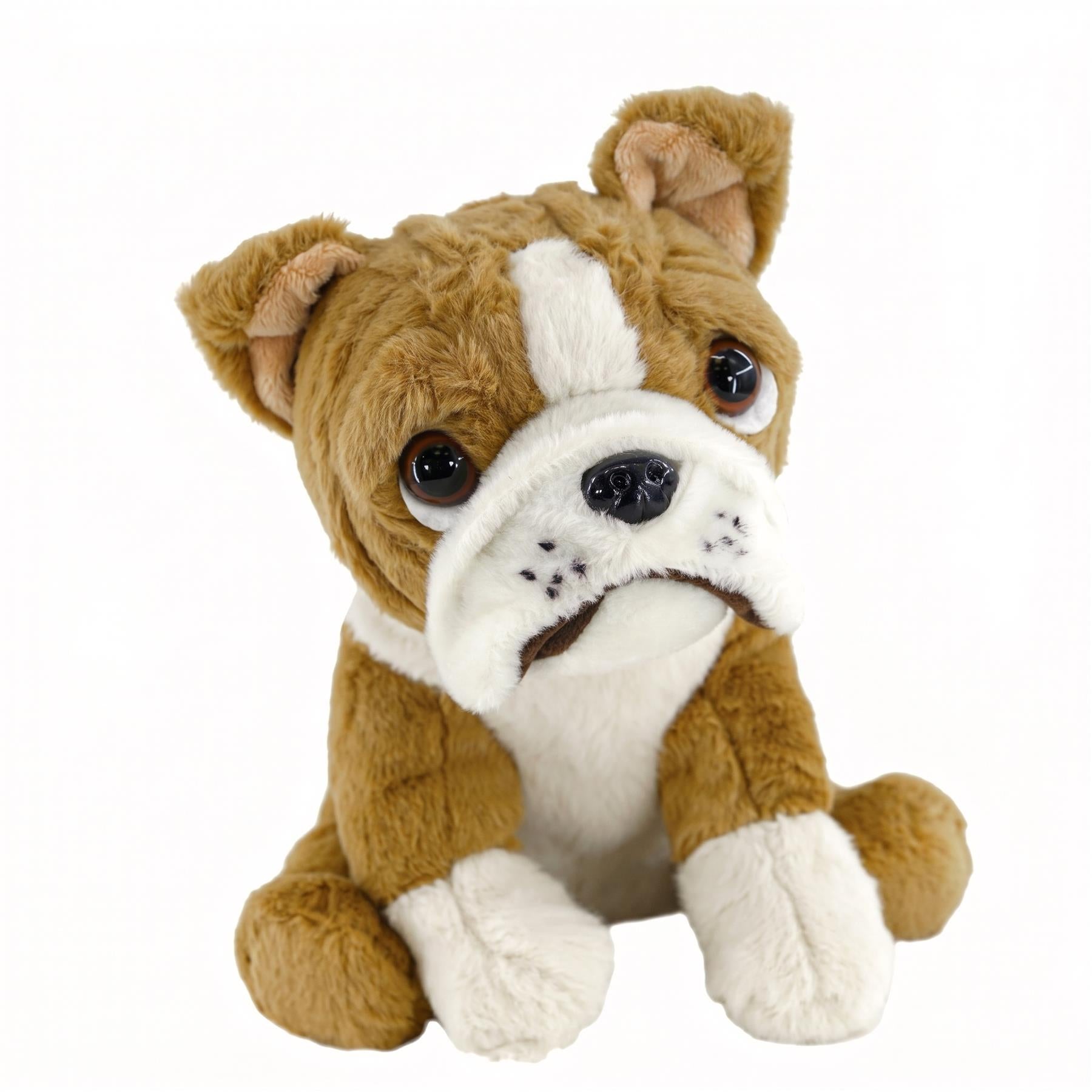 Soft plush toy depicting a seated bulldog with tan fur and white accents.