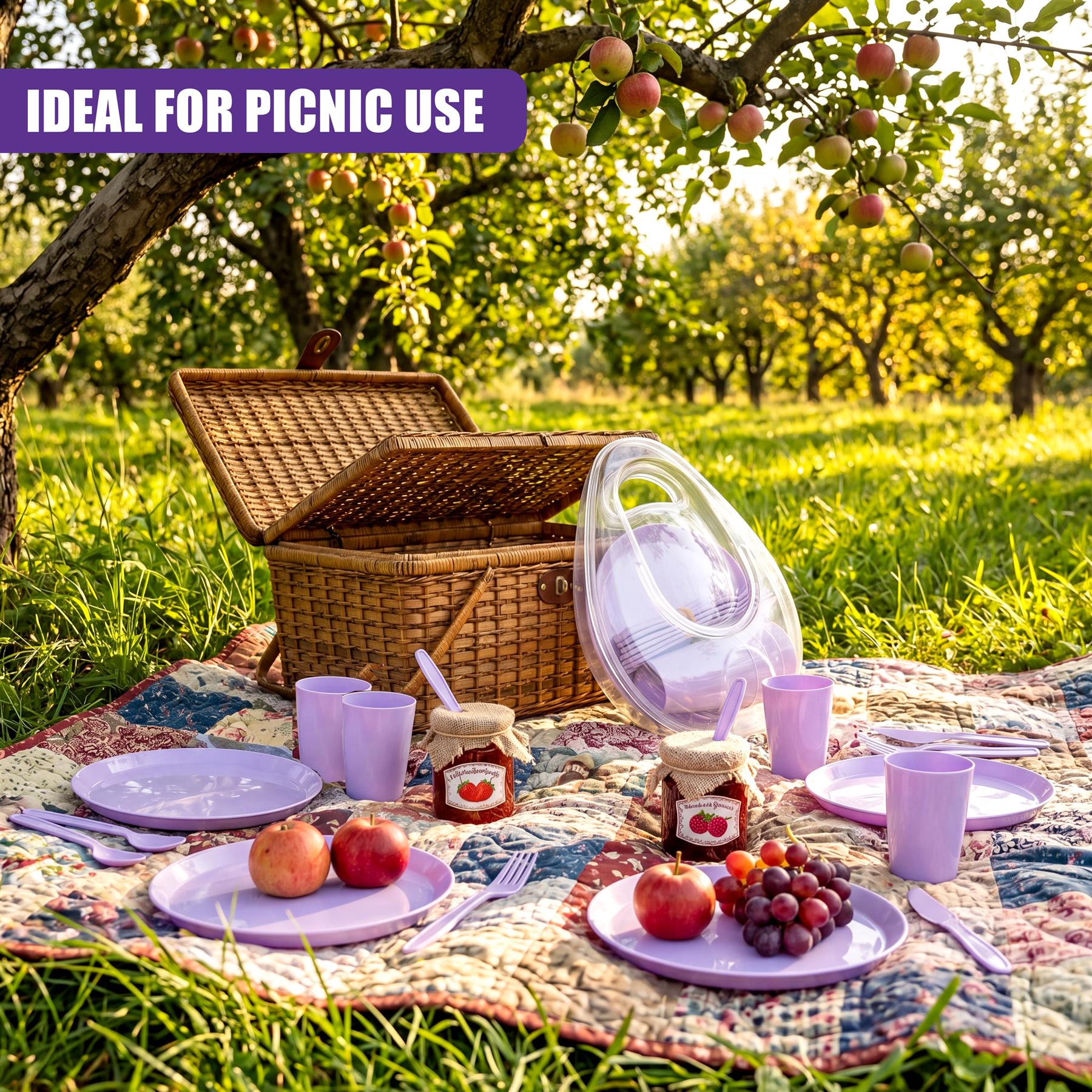 Purple plates, jars, and containers are arranged on a patterned blanket with apples and grapes.