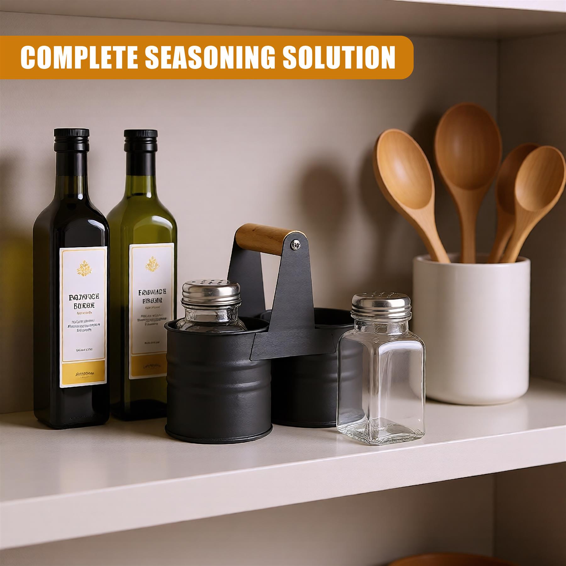 A shelf in a kitchen with various seasonings and utensils. - The Magic Toy Shop