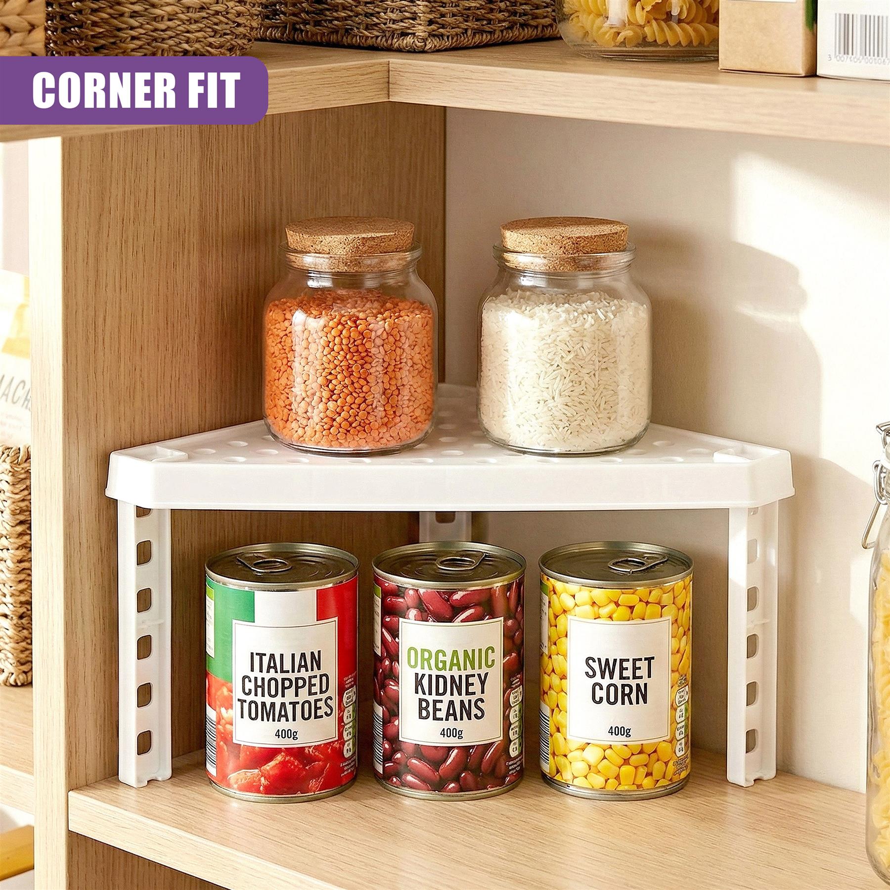 The shelf holds jars filled with dry goods, three cans of tomatoes, kidney beans, and corn.