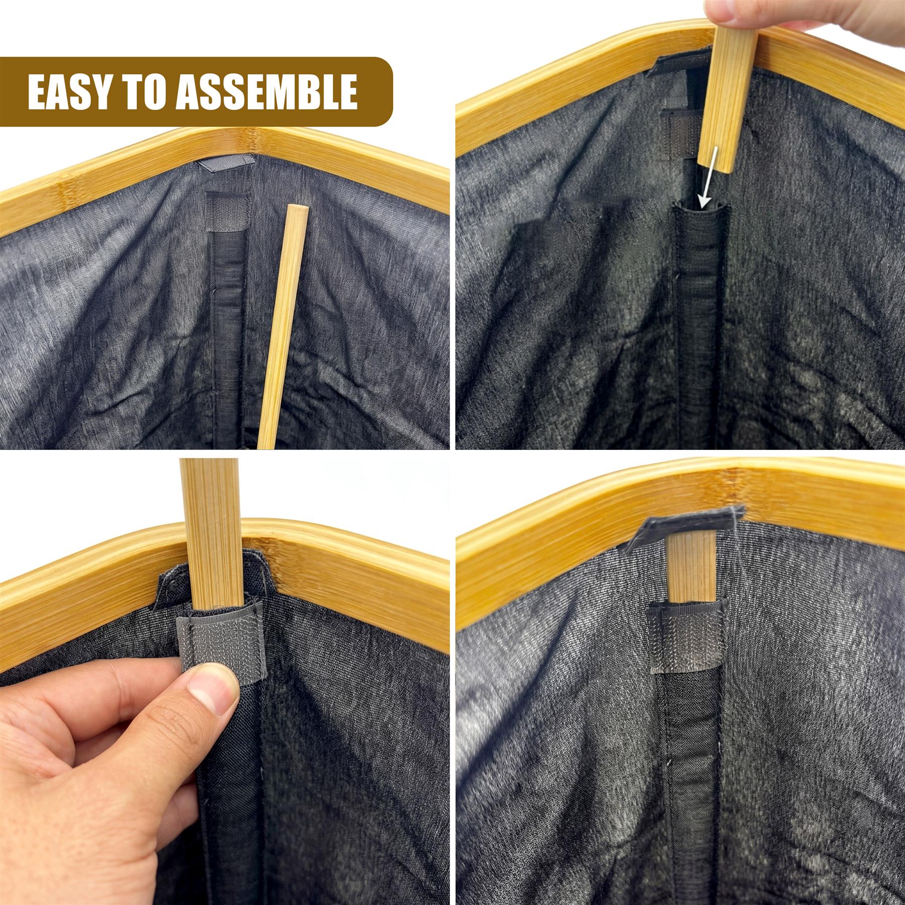 The process of inserting and securing wooden rods into the dark gray fabric hamper structure.